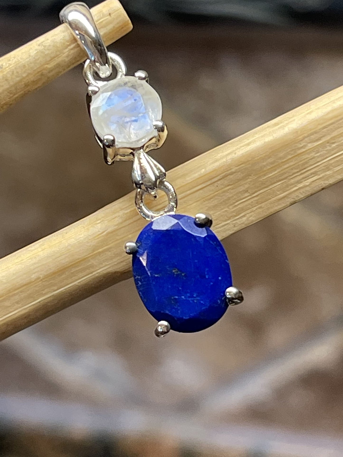 Natural Blue Lapis, Rainbow Moonstone 925 Solid Sterling Silver Pendant 28mm - Natural Rocks by Kala