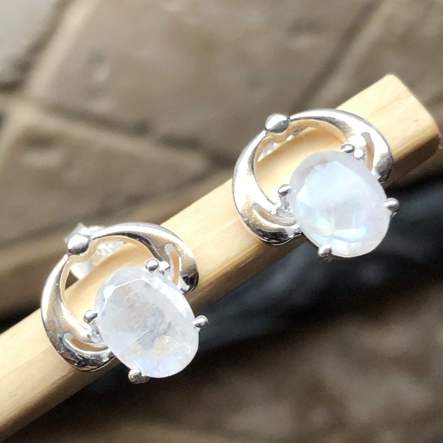 Natural Rainbow Moonstone 925 Sterling Silver Earrings 12mm - Natural Rocks by Kala