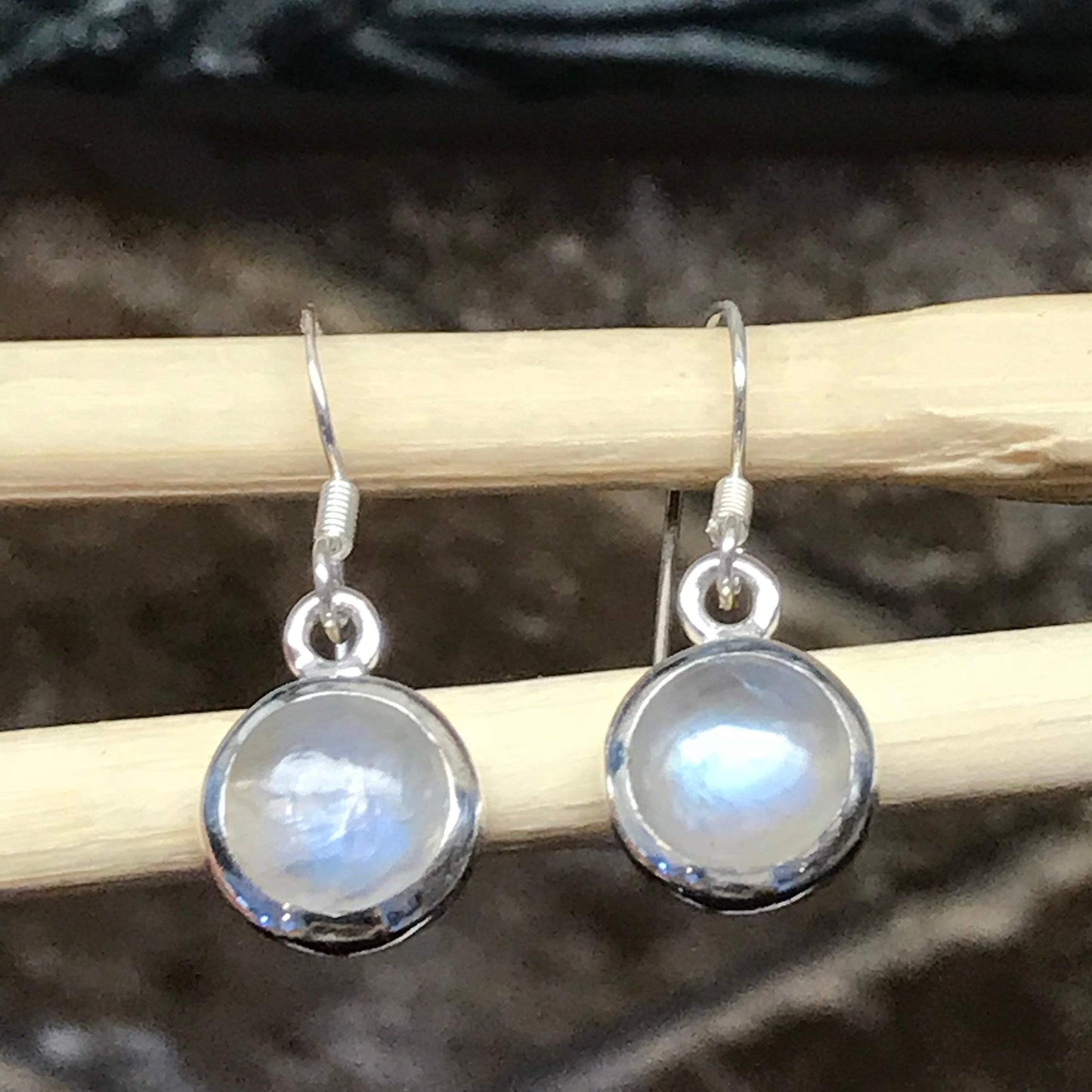 Natural Rainbow Moonstone 925 Solid Sterling Silver Dangle Earrings 20mm long - Natural Rocks by Kala