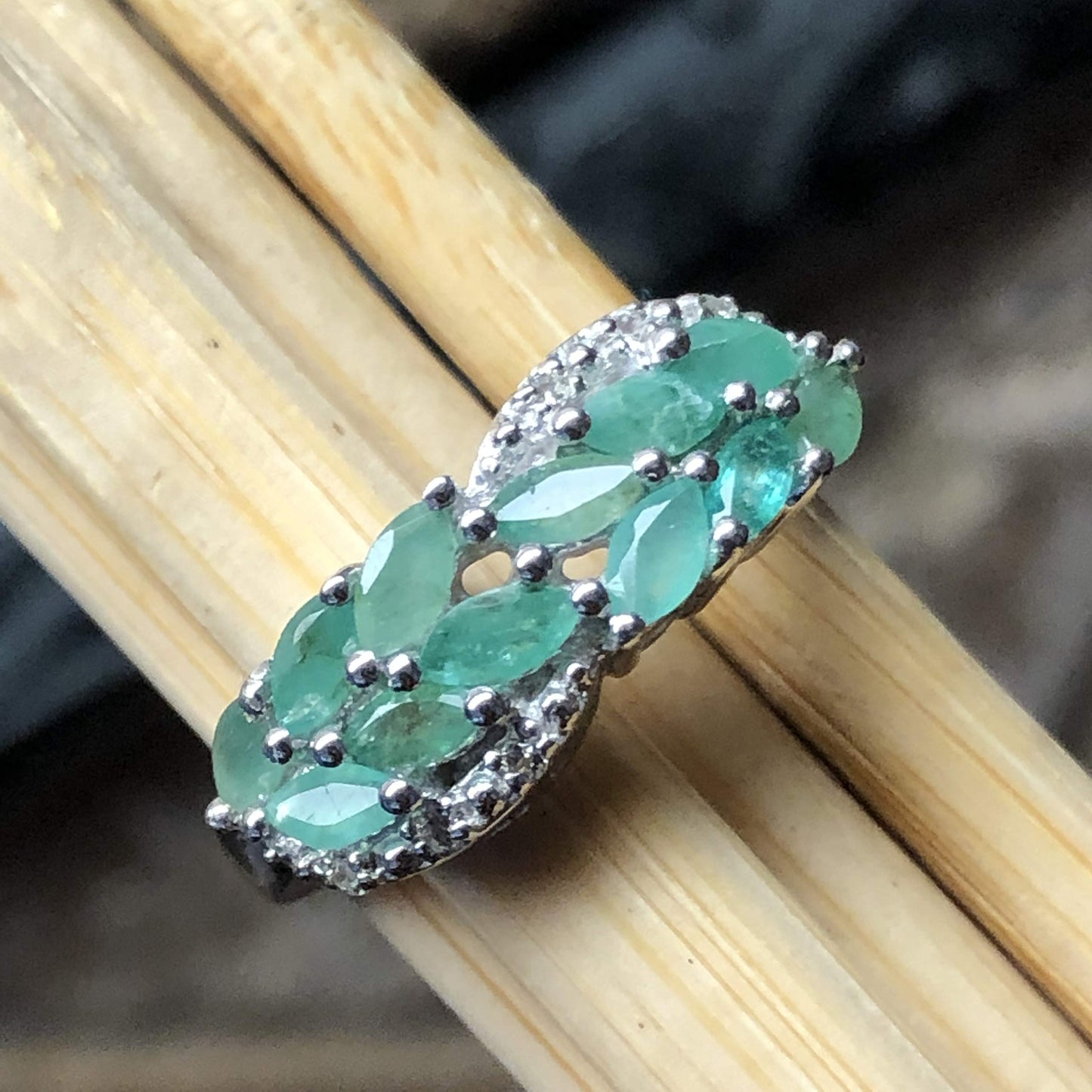 Natural Green Emerald, White Topaz 925 Solid Sterling silver Ring size 6, 7, 8, 9 - Natural Rocks by Kala