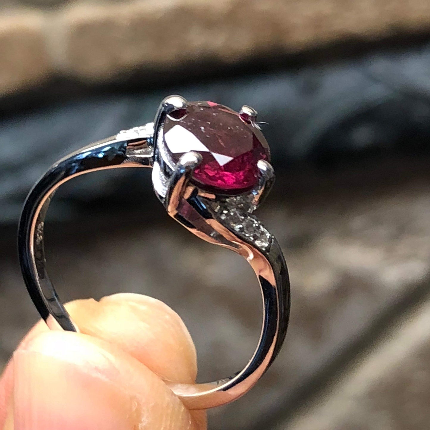 Natural 1ct Pyrope Garnet, White Topaz 925 Solid Sterling Silver Engagement Ring Size 6, 7, 8, 9 - Natural Rocks by Kala