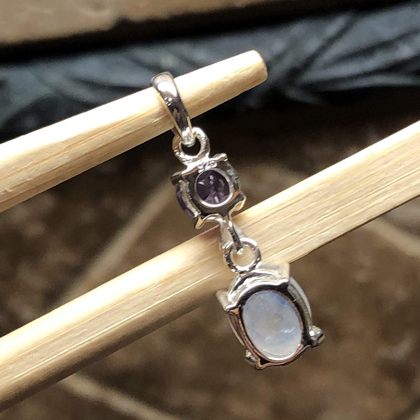 Natural Amethyst, Rainbow Moonstone 925 Solid Sterling Silver Pendant 28mm - Natural Rocks by Kala