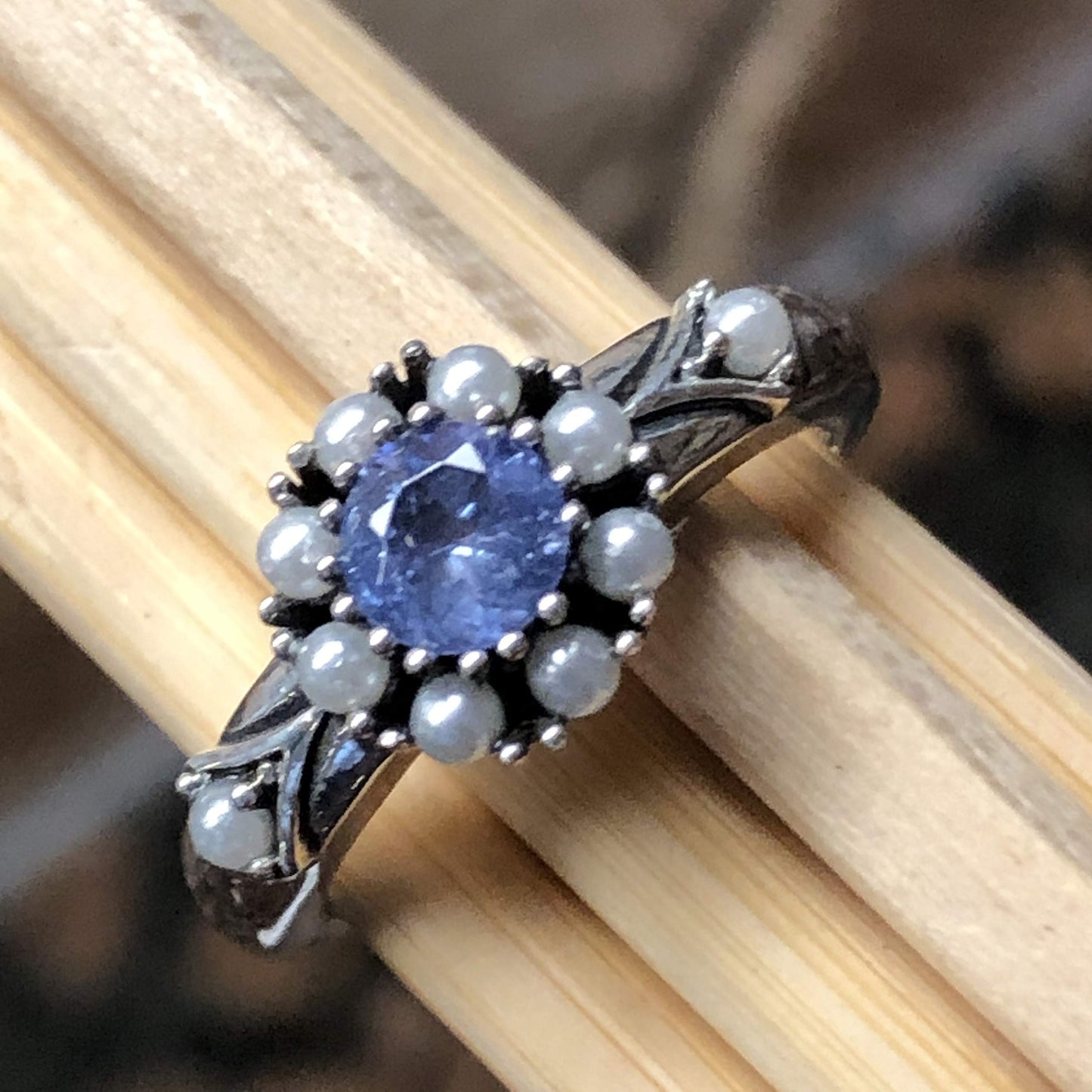 Natural Blue Tanzanite, Pearl 925 Solid Sterling Silver Engagement Ring Size 6, 7, 8, 9 - Natural Rocks by Kala