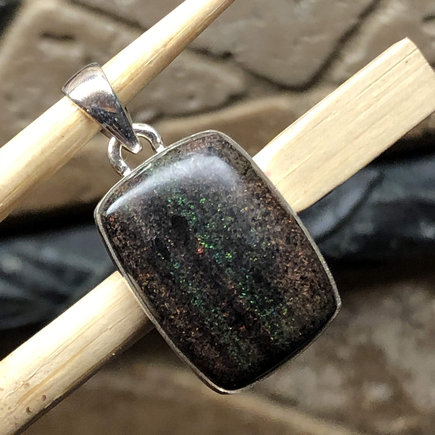 Natural Basaltic Matrix Black Opal 925 Solid Sterling Silver Pendant 30mm - Natural Rocks by Kala