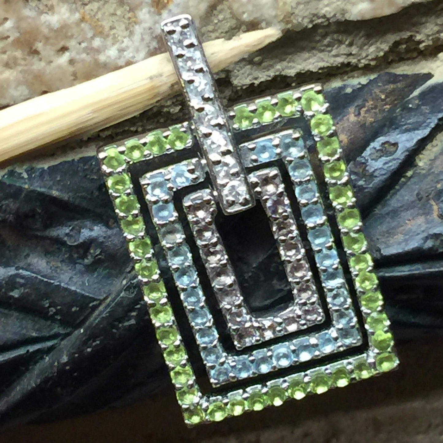 Natural 14ct Amethyst, Peridot, Blue Topaz 925 Solid Sterling Silver Pendant 30mm - Natural Rocks by Kala