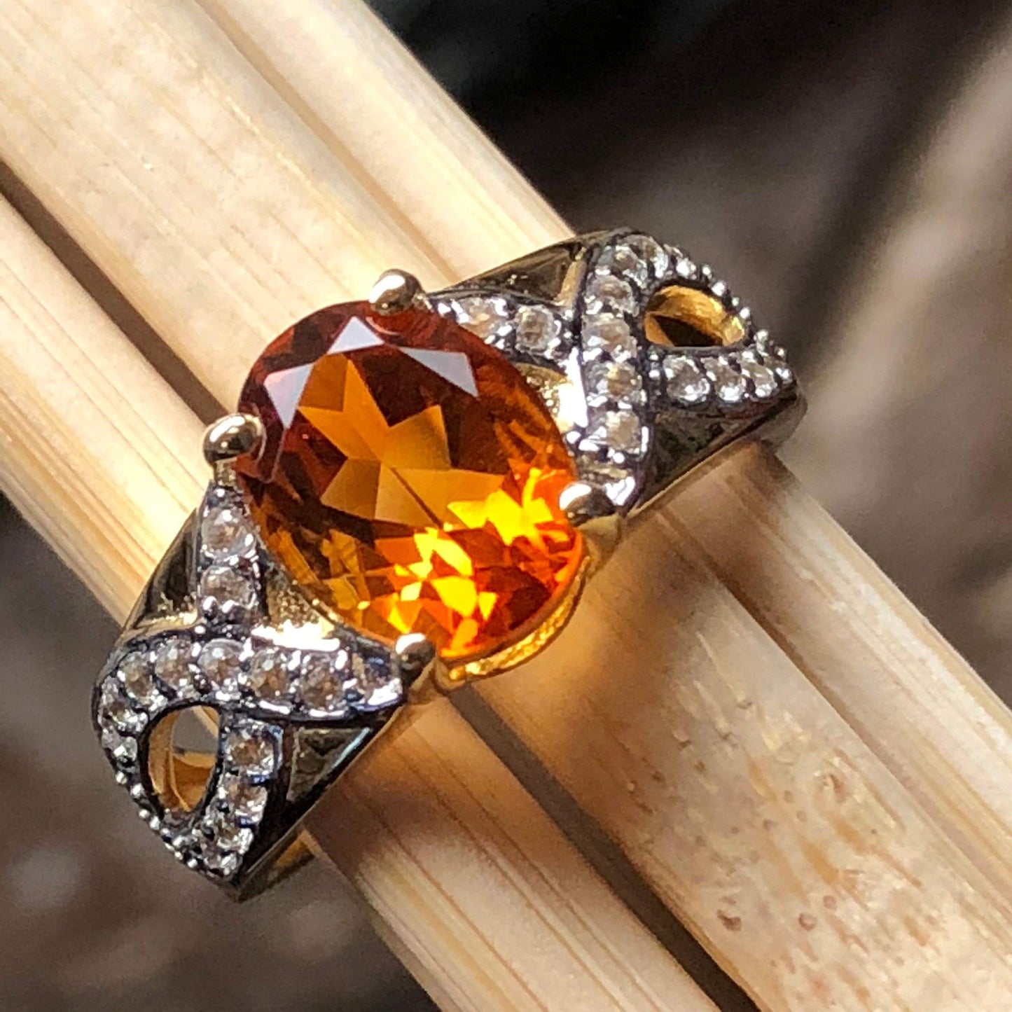 Natural 2ct Golden Citrine, White Topaz 14k Gold Over Silver Engagement Ring Size 6, 7, 8, 9 - Natural Rocks by Kala