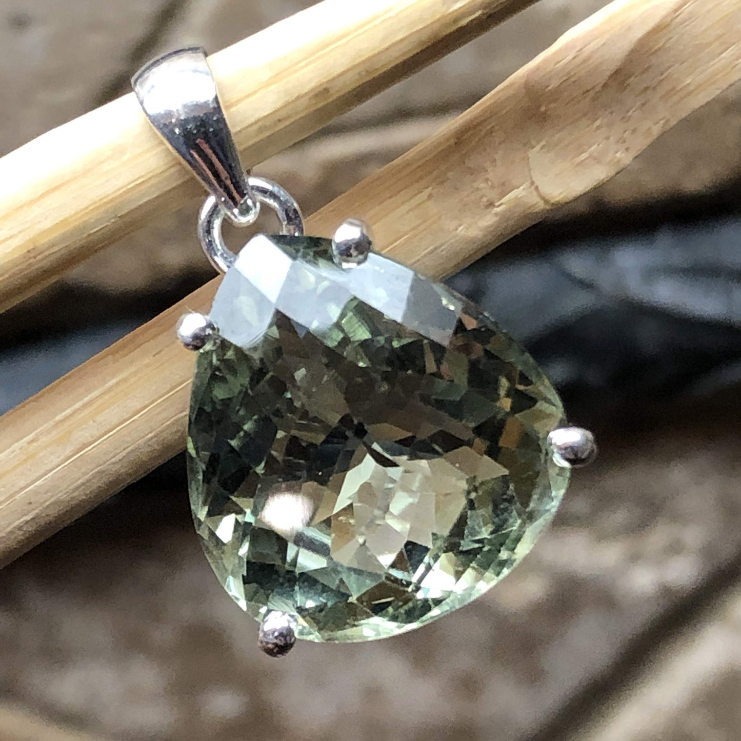 Natural 14ct Green Amethyst 925 Solid Sterling Silver Pendant 25mm - Natural Rocks by Kala