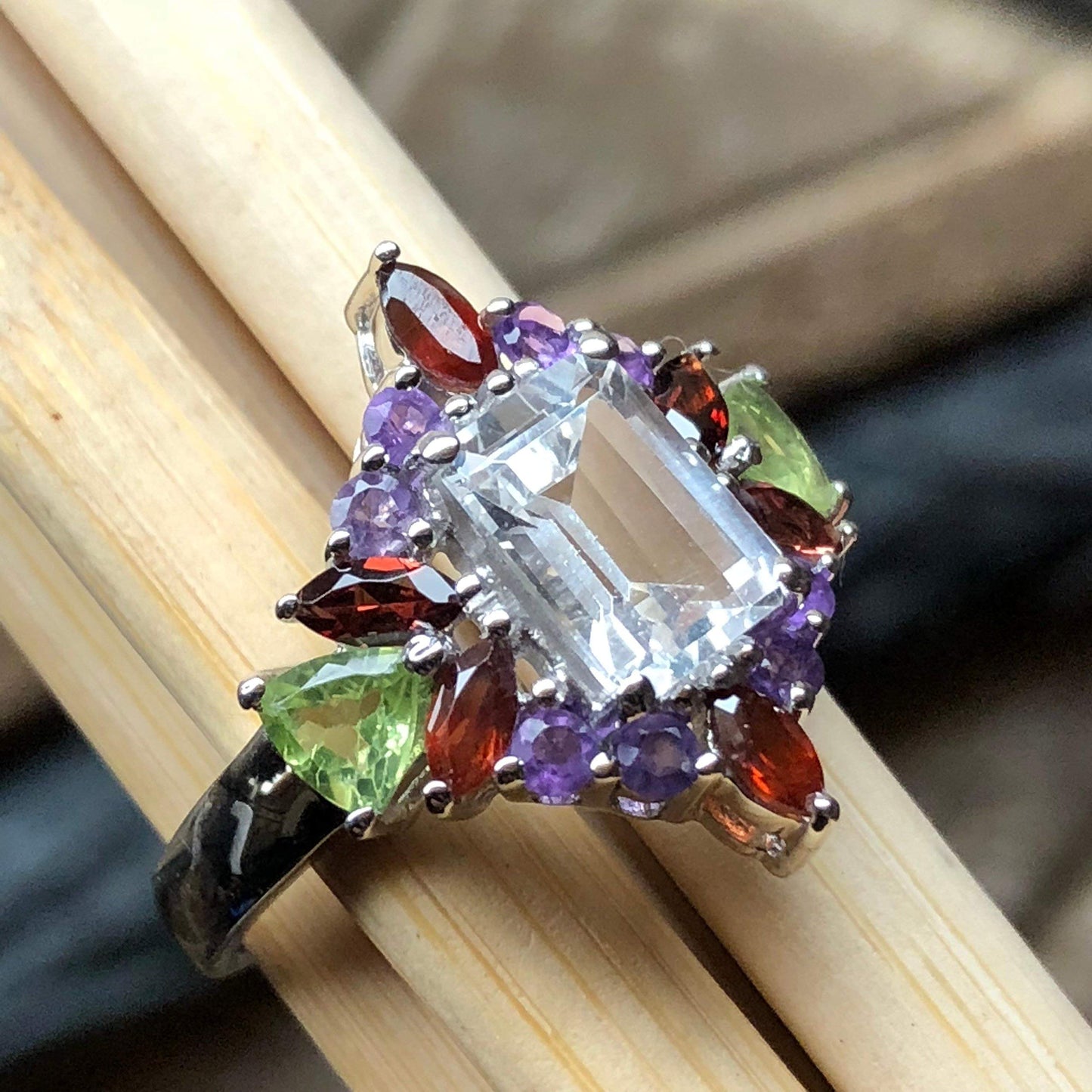 Natural 2.5ct White Quartz, Amethyst, Peridot, Garnet 925 Sterling Silver Ring Size 6, 7, 8, 9 - Natural Rocks by Kala