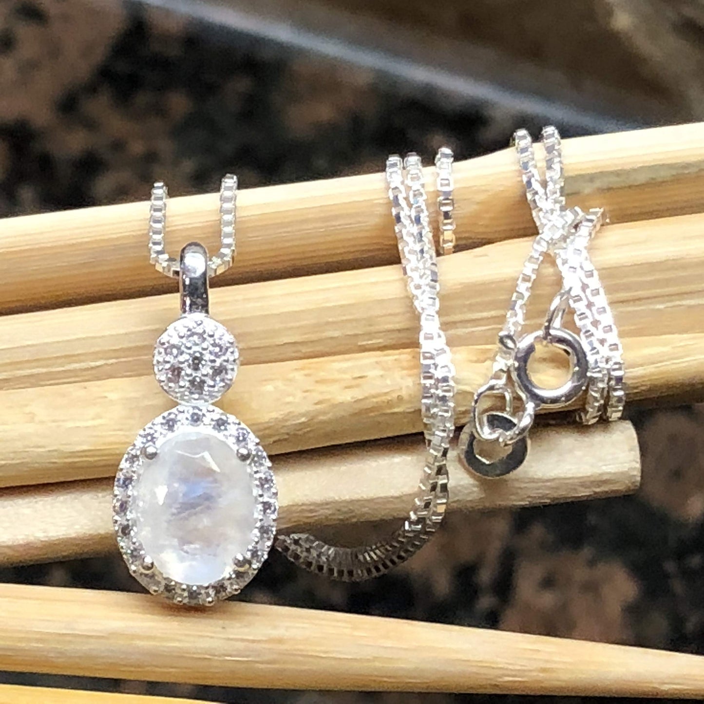 Genuine Rainbow Moonstone, White Sapphire 925 Solid Sterling Silver Pendant Necklace 16" - Natural Rocks by Kala