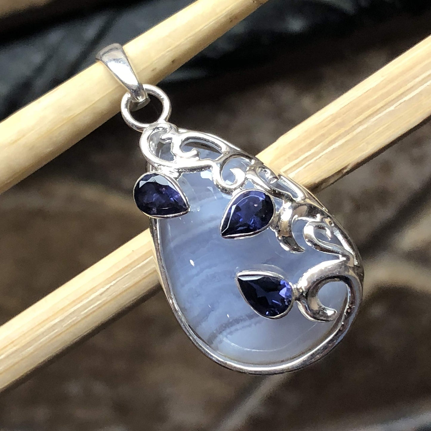 Natural Blue Lace Agate, Iolite 925 Sterling Silver Pendant 35mm - Natural Rocks by Kala