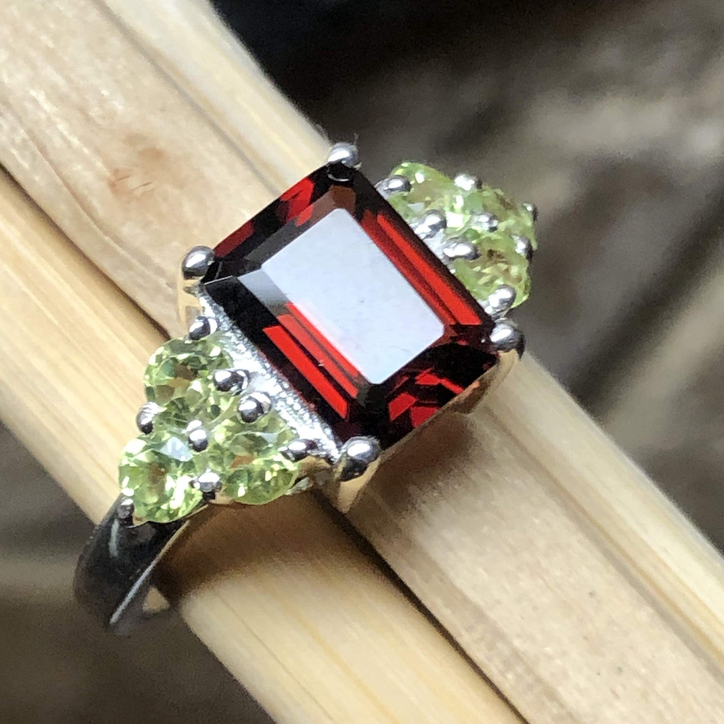 Natural 4ct Rhodolite Garnet, Green Peridot 925 Solid Sterling Silver Wedding Ring Size 6, 7, 8, 9 - Natural Rocks by Kala