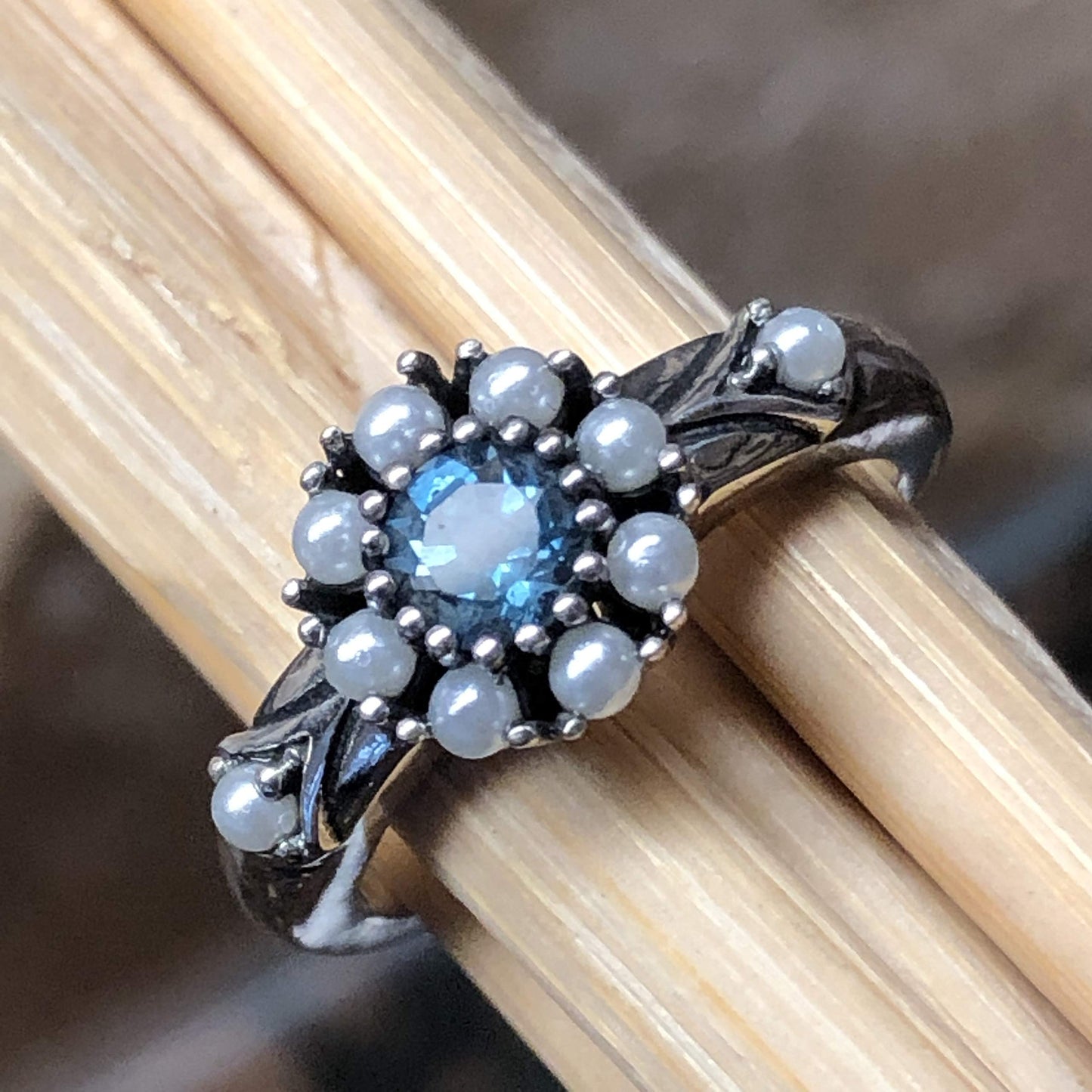 Natural 1ct London Blue Topaz, Pearl 925 Solid Sterling Silver Engagement Ring Size 6, 7, 8, 9 - Natural Rocks by Kala