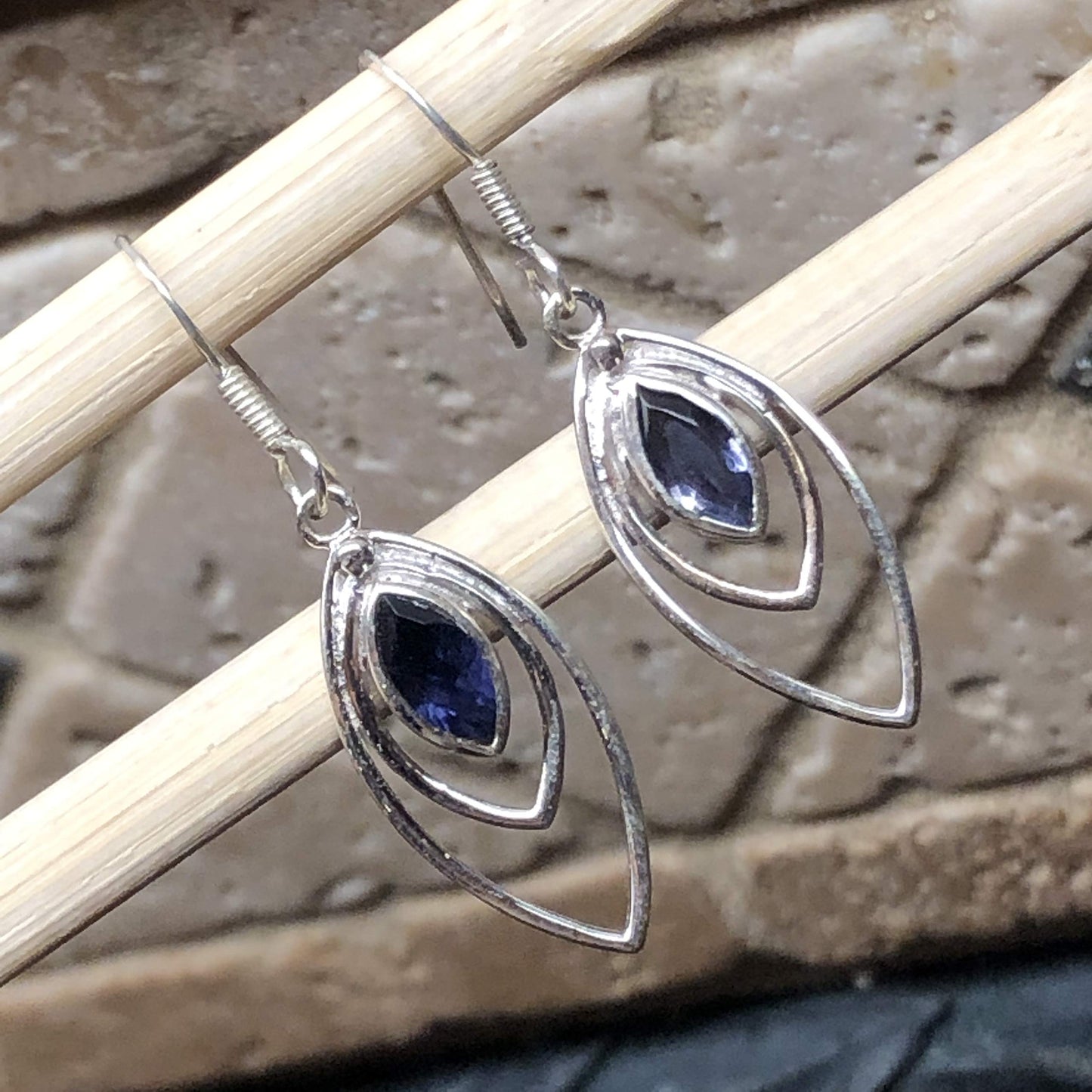 Natural Iolite 925 Solid Sterling Silver Earrings 30mm - Natural Rocks by Kala