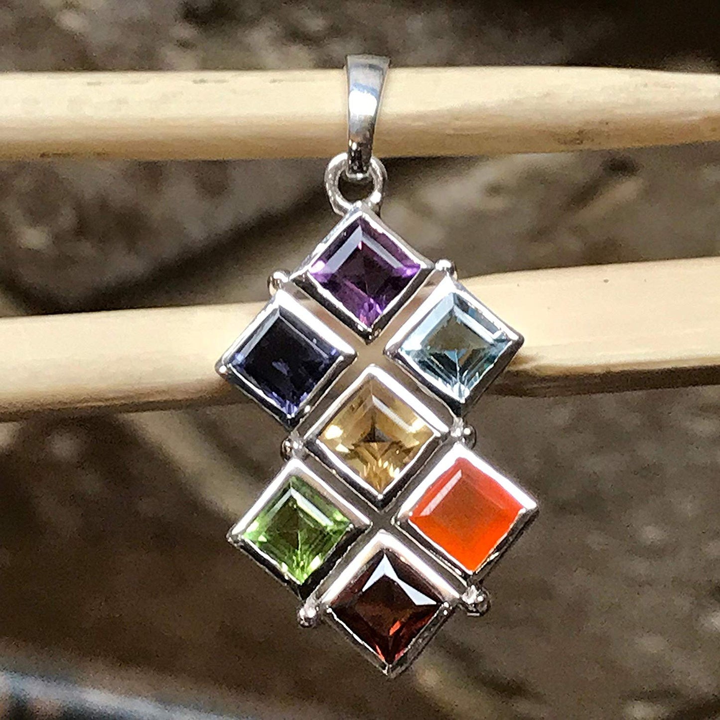 Natural Garnet, Carnelian, Citrine, Peridot 925 Solid Sterling Silver Chakra Crescent Pendant 30mm - Natural Rocks by Kala