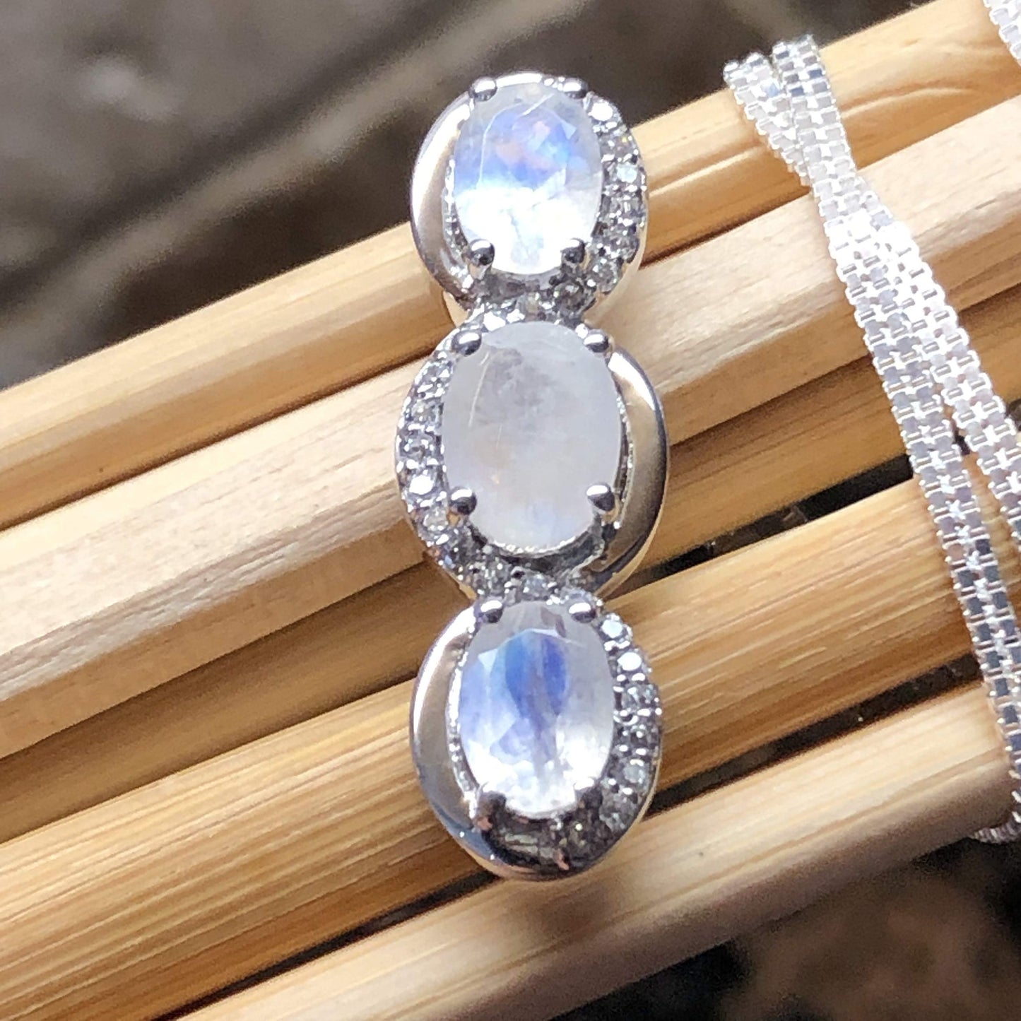 Genuine Rainbow Moonstone, White Sapphire 925 Solid Sterling Silver Pendant Necklace 18" - Natural Rocks by Kala