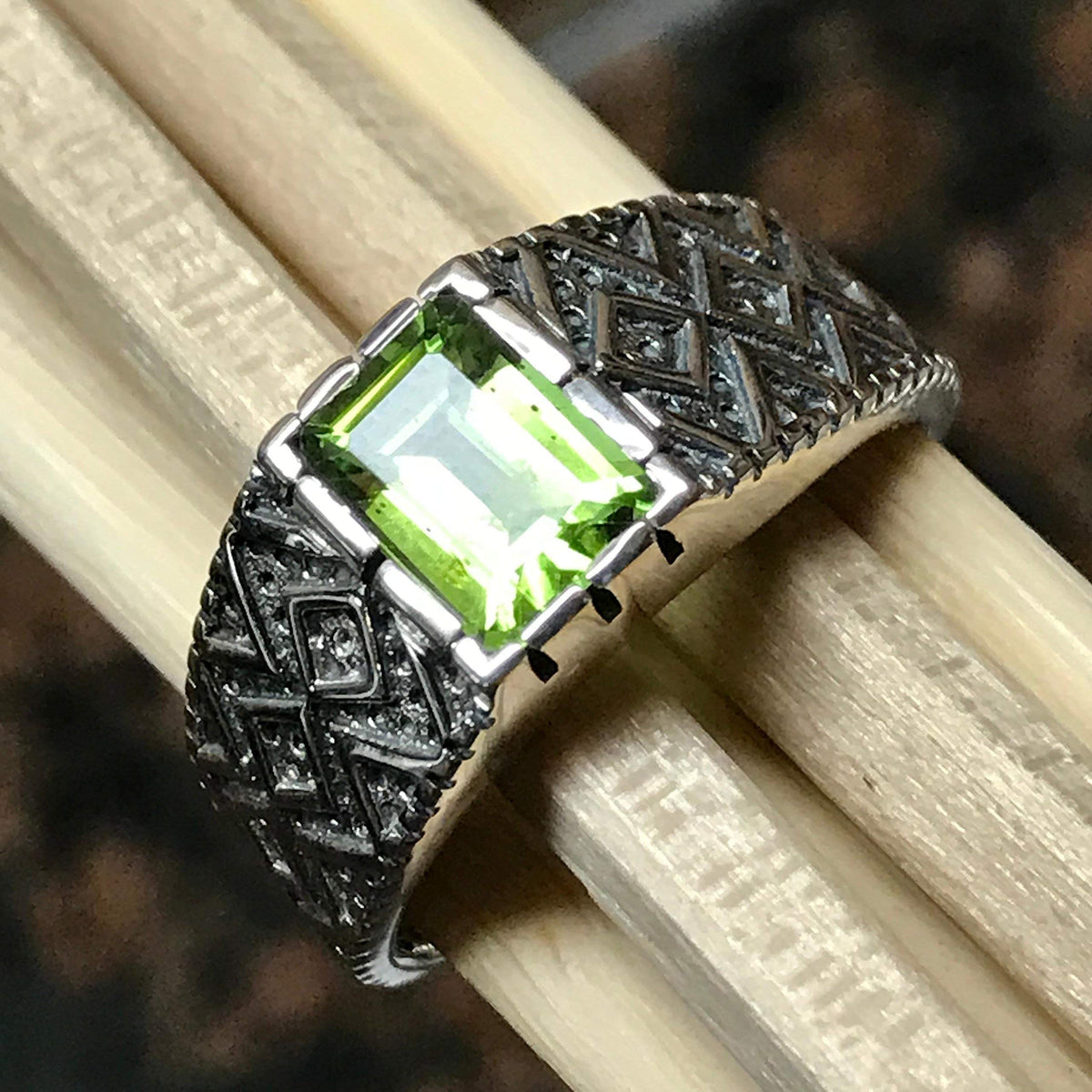 Genuine 2ct Green Peridot 925 Sterling Silver Men's Ring Size 7, 8