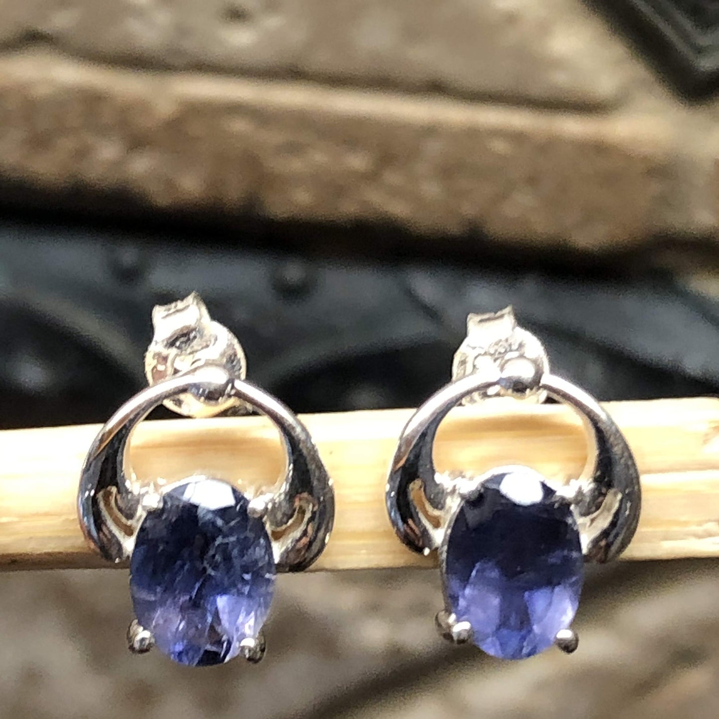 Natural 2ct Iolite 925 Solid Sterling Silver Earrings 11mm - Natural Rocks by Kala