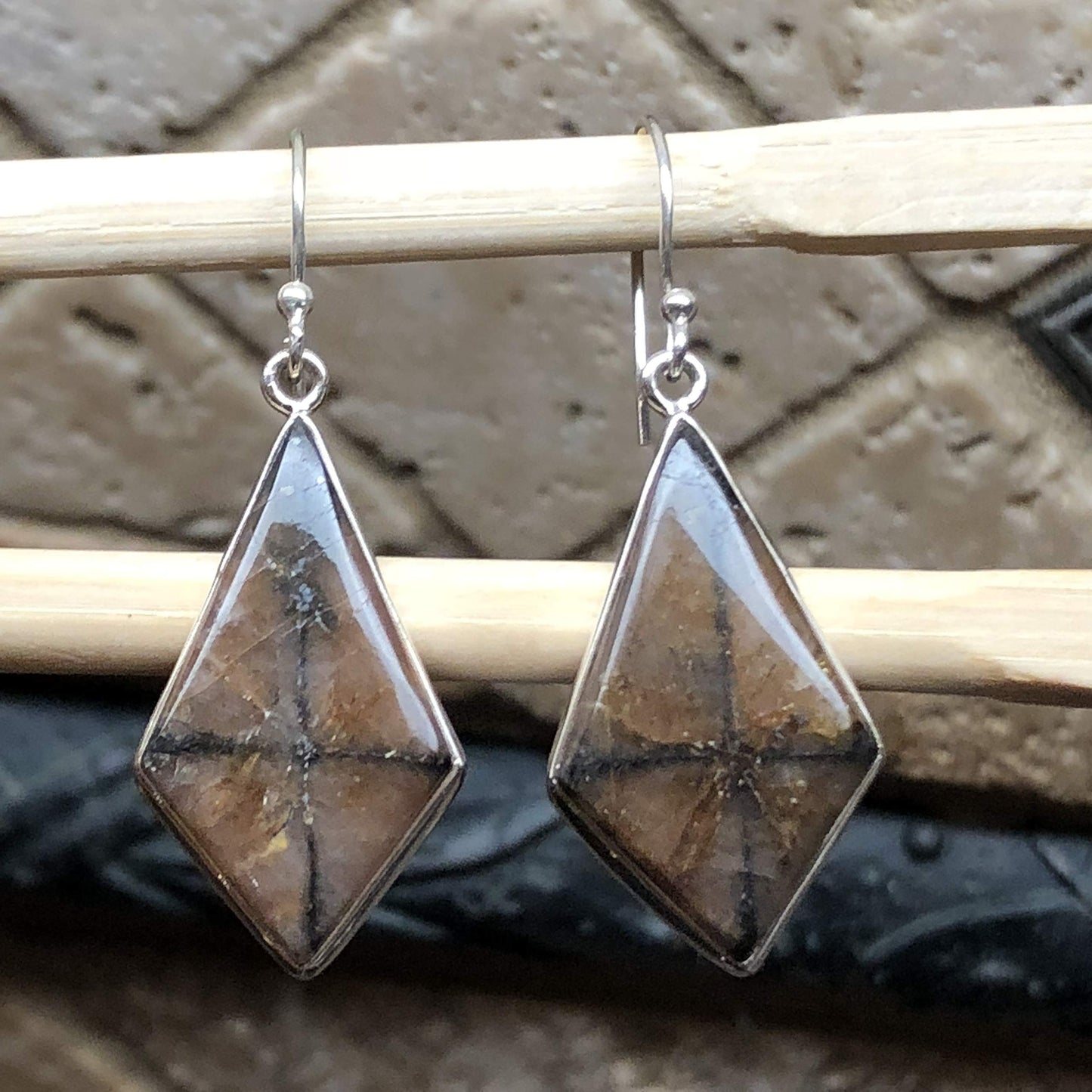 Natural Chiastolite 925 Solid Sterling Silver Earrings 40mm - Natural Rocks by Kala