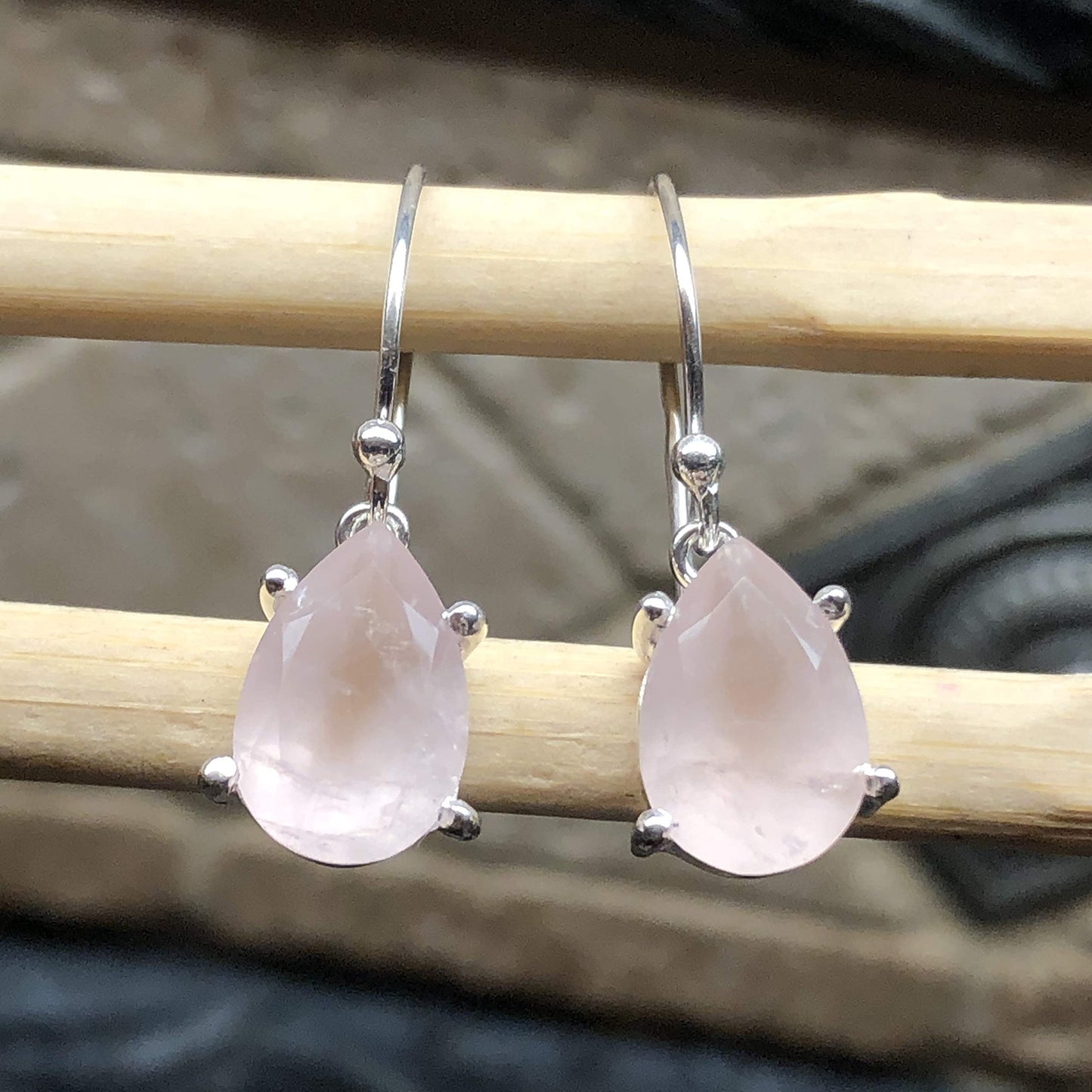 Natural 2ct Pink Rose Quartz 925 Solid Sterling Silver Earrings 25mm - Natural Rocks by Kala