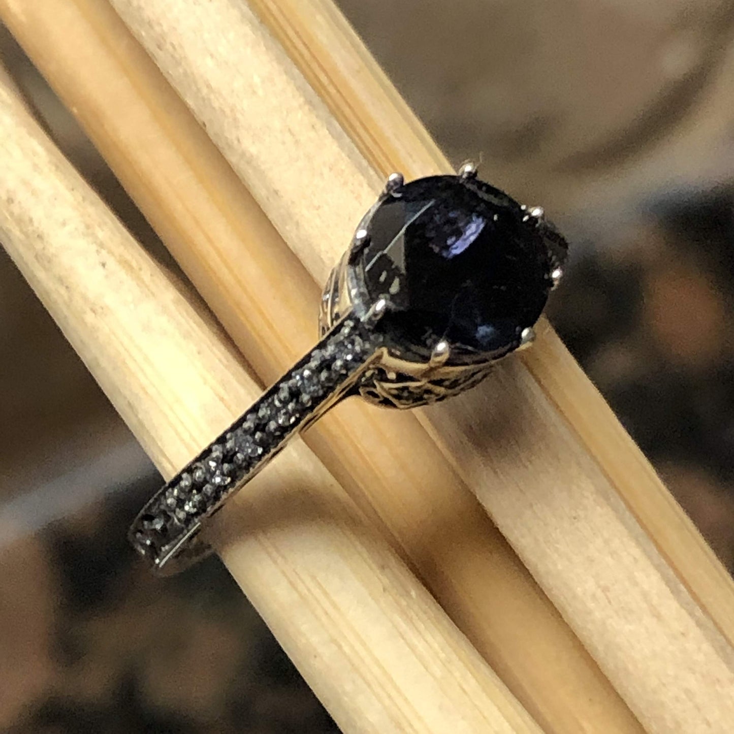 Natural 1ct Iolite Water Sapphire 925 Solid Sterling Silver Engagement Filigree Ring Size 6, 7, 8, 9 - Natural Rocks by Kala