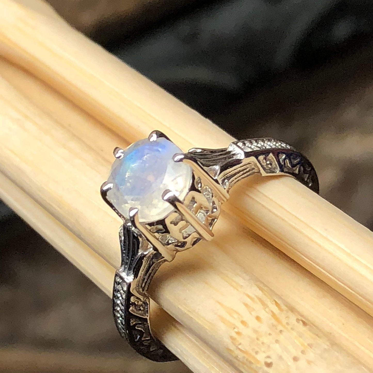 Genuine Rainbow Moonstone 925 Solid Sterling Silver Engagement Ring Size 6, 7, 8, 9 - Natural Rocks by Kala