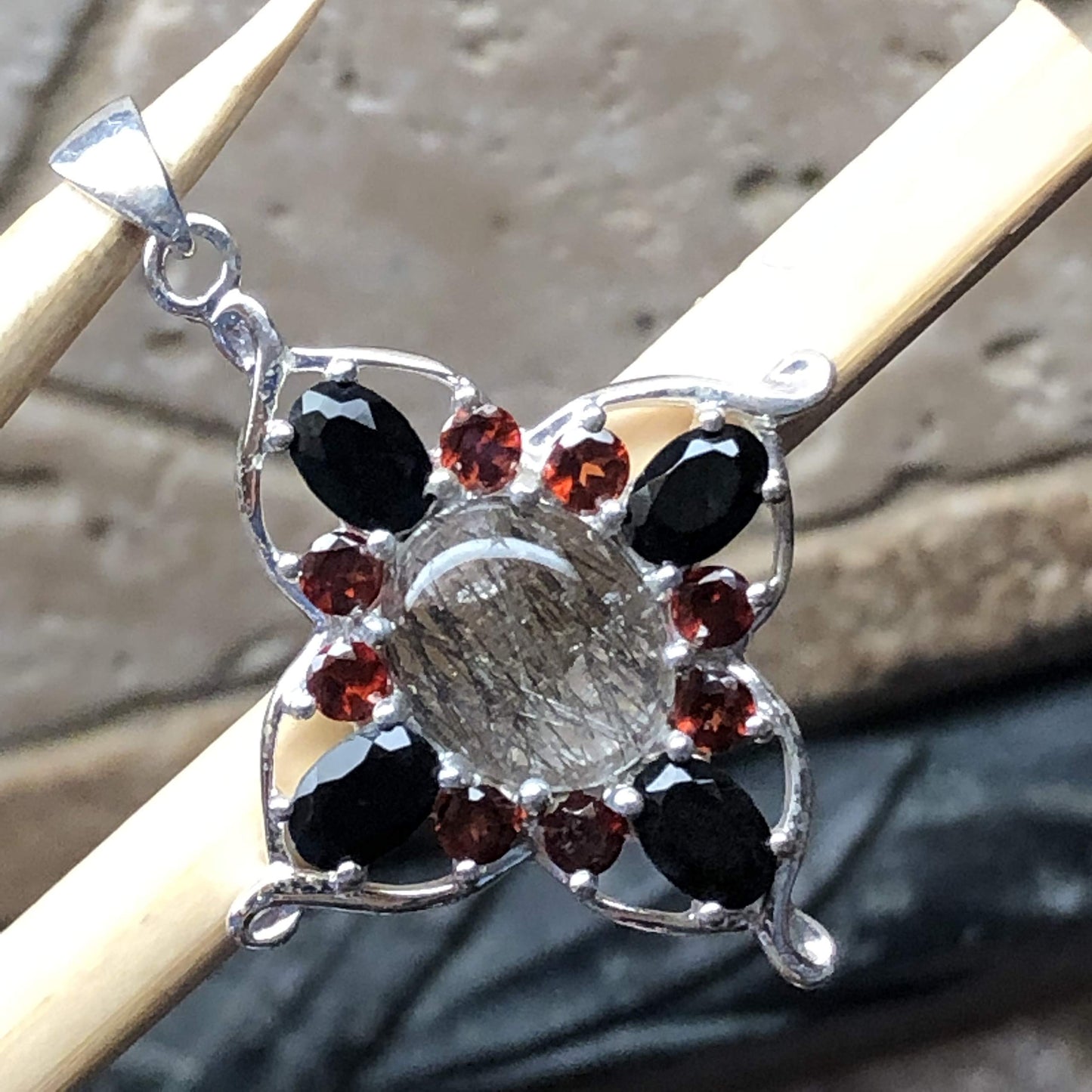 Natural Pyrope Garnet, Black Onyx, Black Rutilated Quartz 925 Solid Sterling Silver Pendant 35mm - Natural Rocks by Kala
