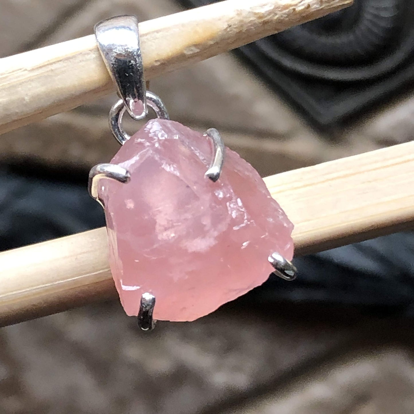 Natural Pink Rose Quartz 925 Solid Sterling Silver Pendant 25mm - Natural Rocks by Kala