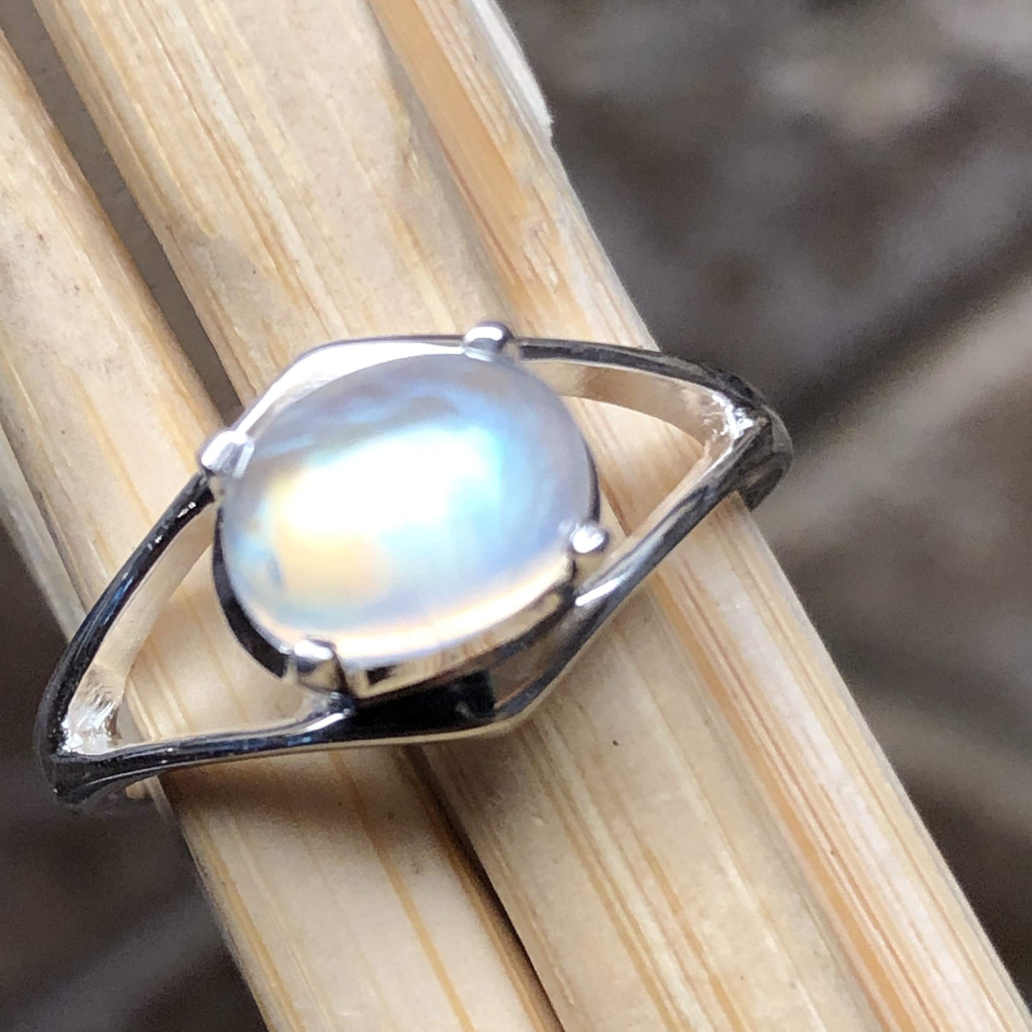 Natural Rainbow Moonstone 925 Sterling Silver Engagement Ring Size 6, 7, 8, 9 - Natural Rocks by Kala