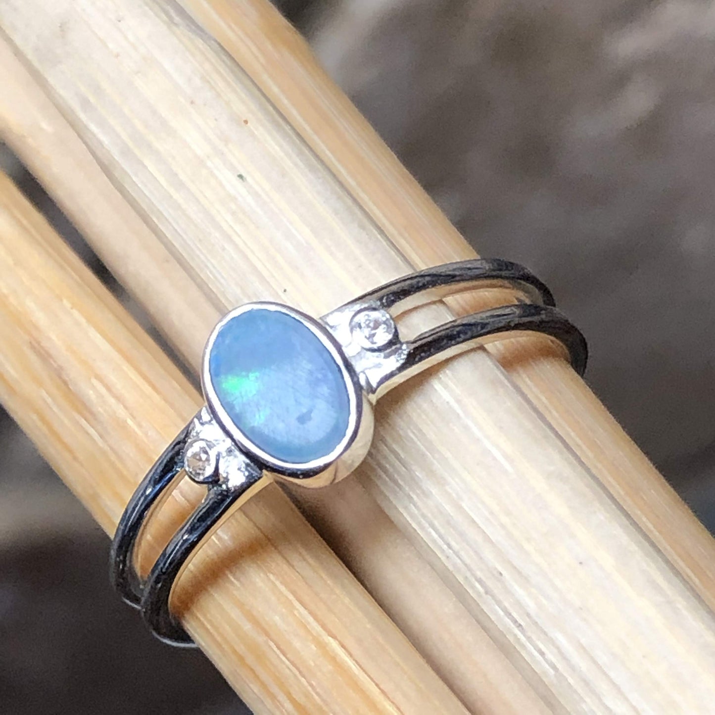 Genuine Australian Blue, Green Opal 925 Solid Sterling Silver Engagement Ring Size 6, 7, 8, 9, 10 - Natural Rocks by Kala