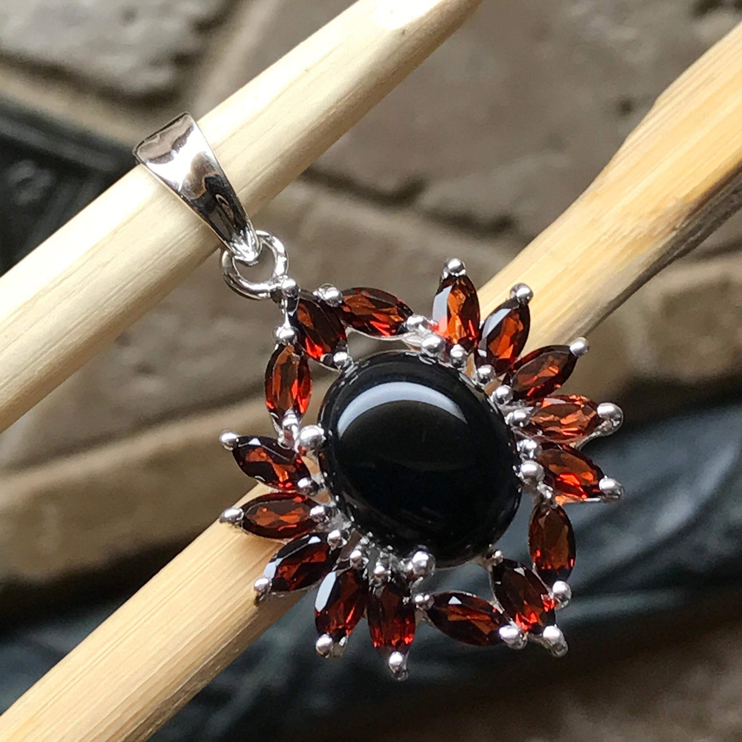 Natural 8ct Pyrope Garnet, Black Onyx 925 Solid Sterling Silver Pendant 32mm - Natural Rocks by Kala