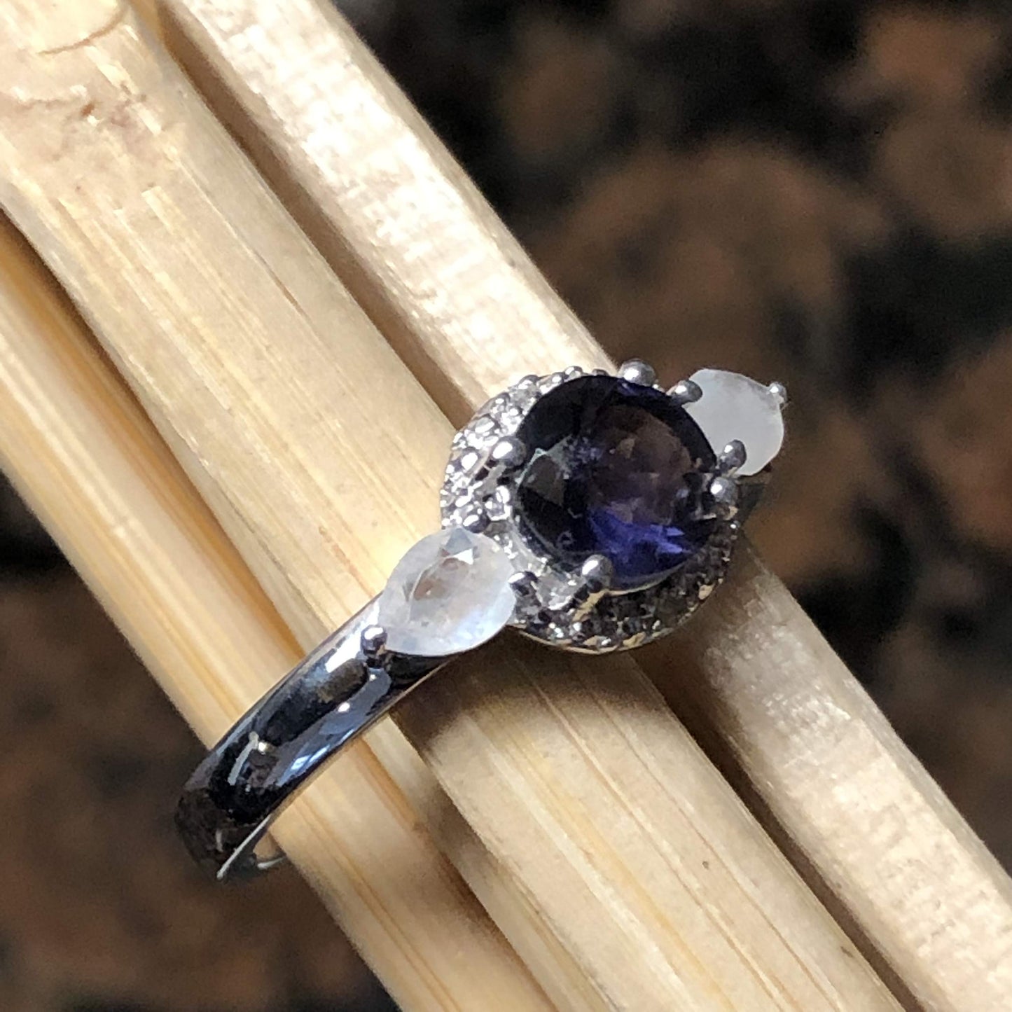 Natural 2ct Iolite, Rainbow Moonstone 925 Solid Sterling Silver Ring Size 5, 6, 7, 8, 9 - Natural Rocks by Kala