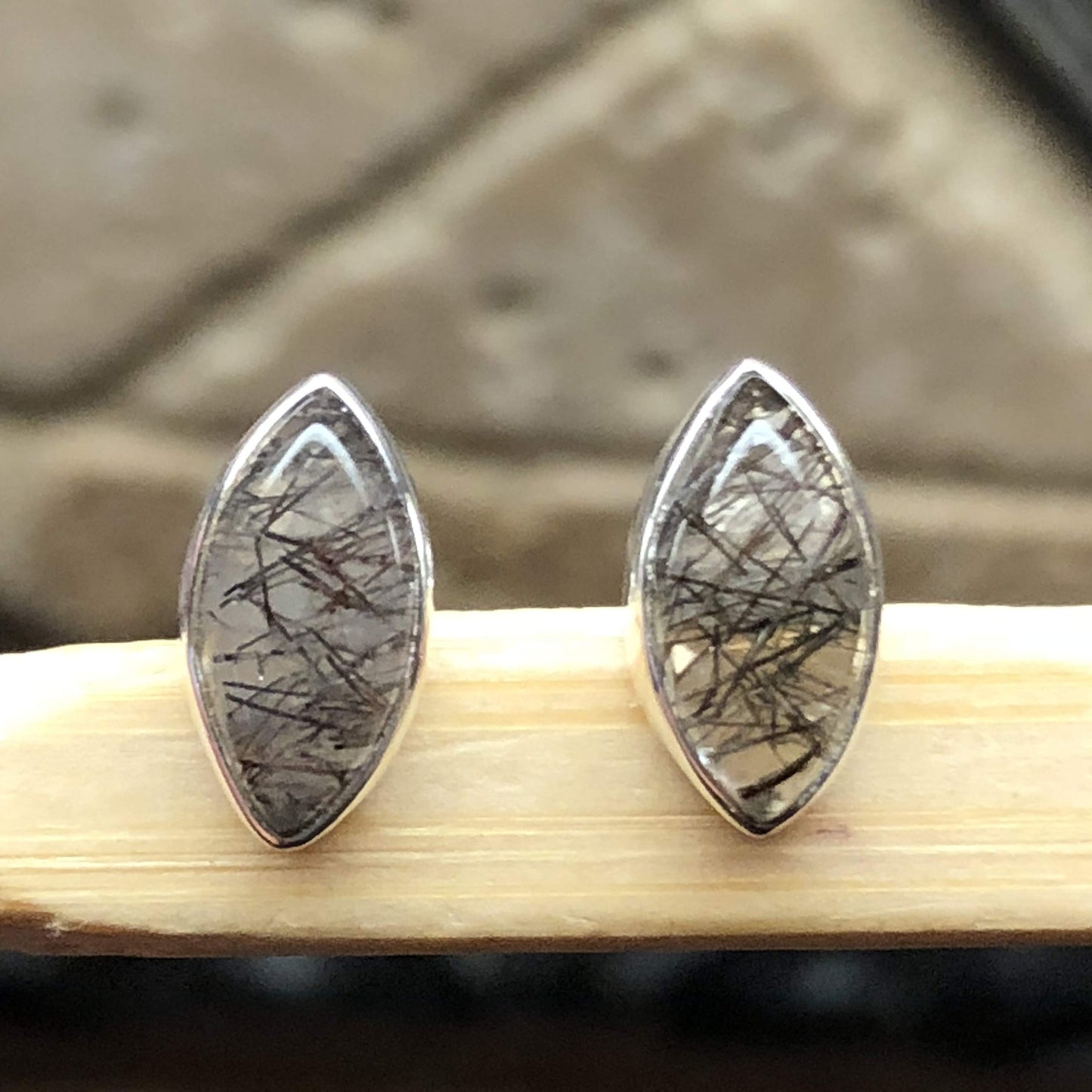 Natural Black Rutilated 925 Solid Sterling Silver Earrings 10mm - Natural Rocks by Kala