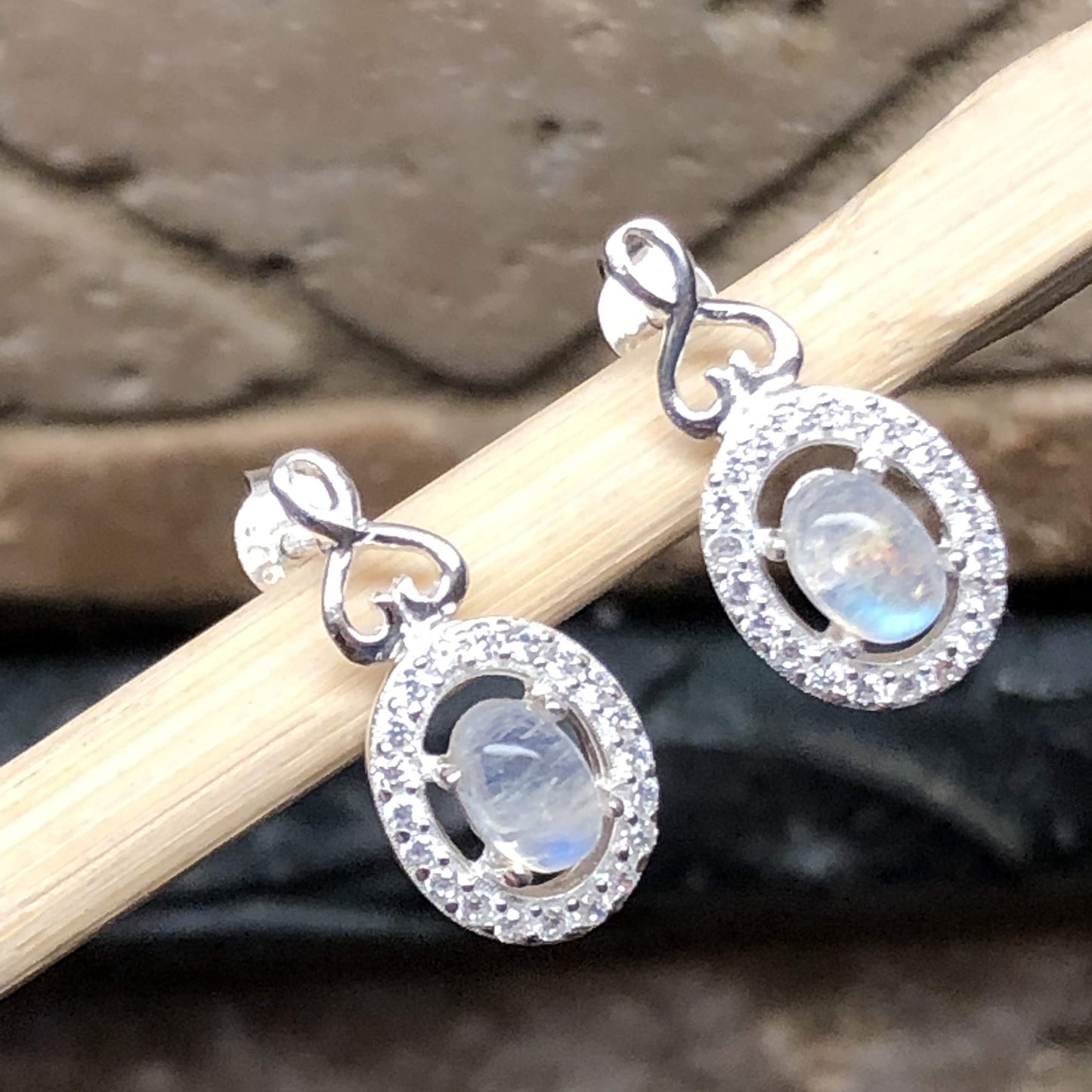 Natural Rainbow Moonstone, White Sapphire 925 Solid Sterling Silver Earrings 18mm - Natural Rocks by Kala