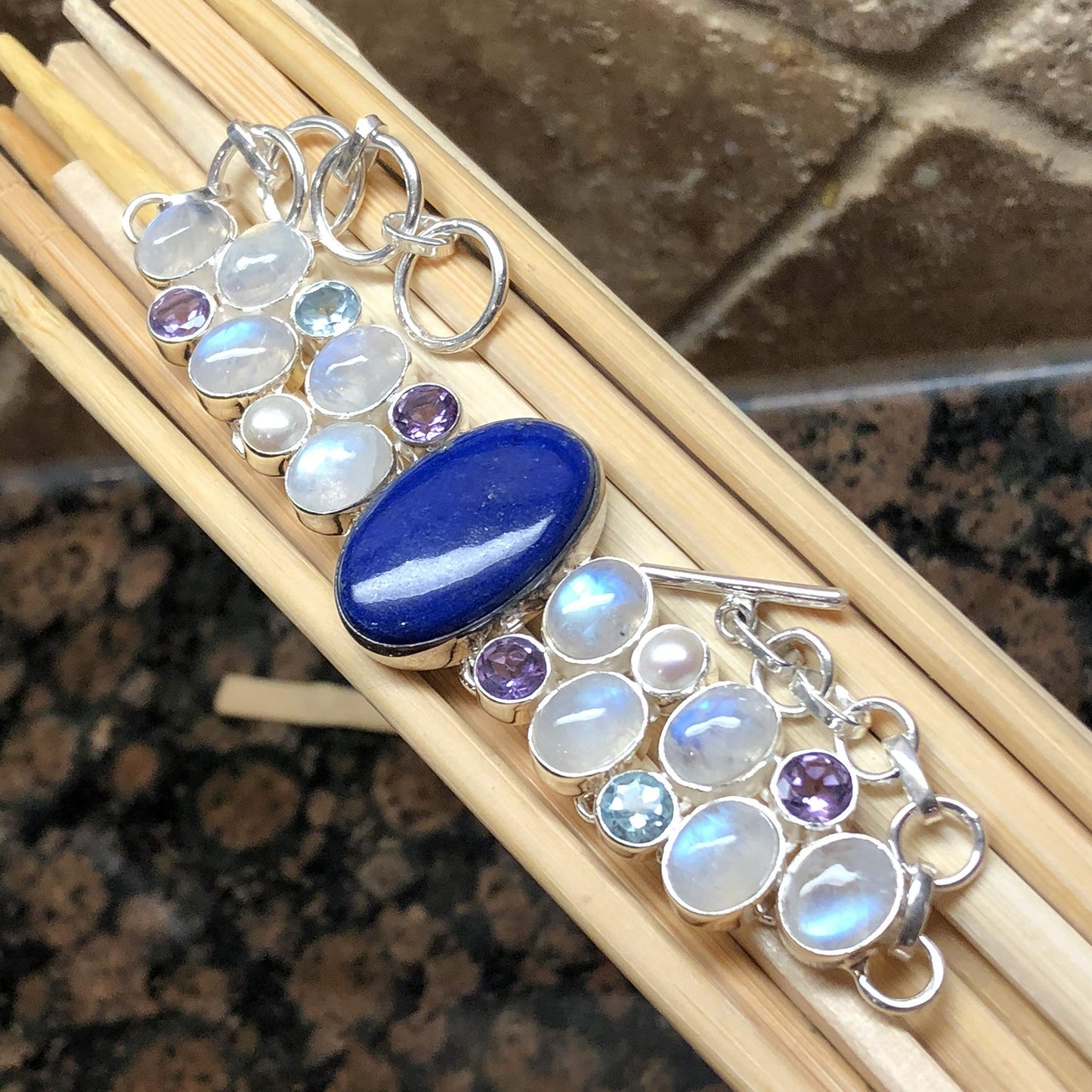 Natural Lapis Lazuli, Moonstone, Blue Topaz, Amethyst, Pearl 925 Sterling Silver Bracelets 7 1/2 " - Natural Rocks by Kala