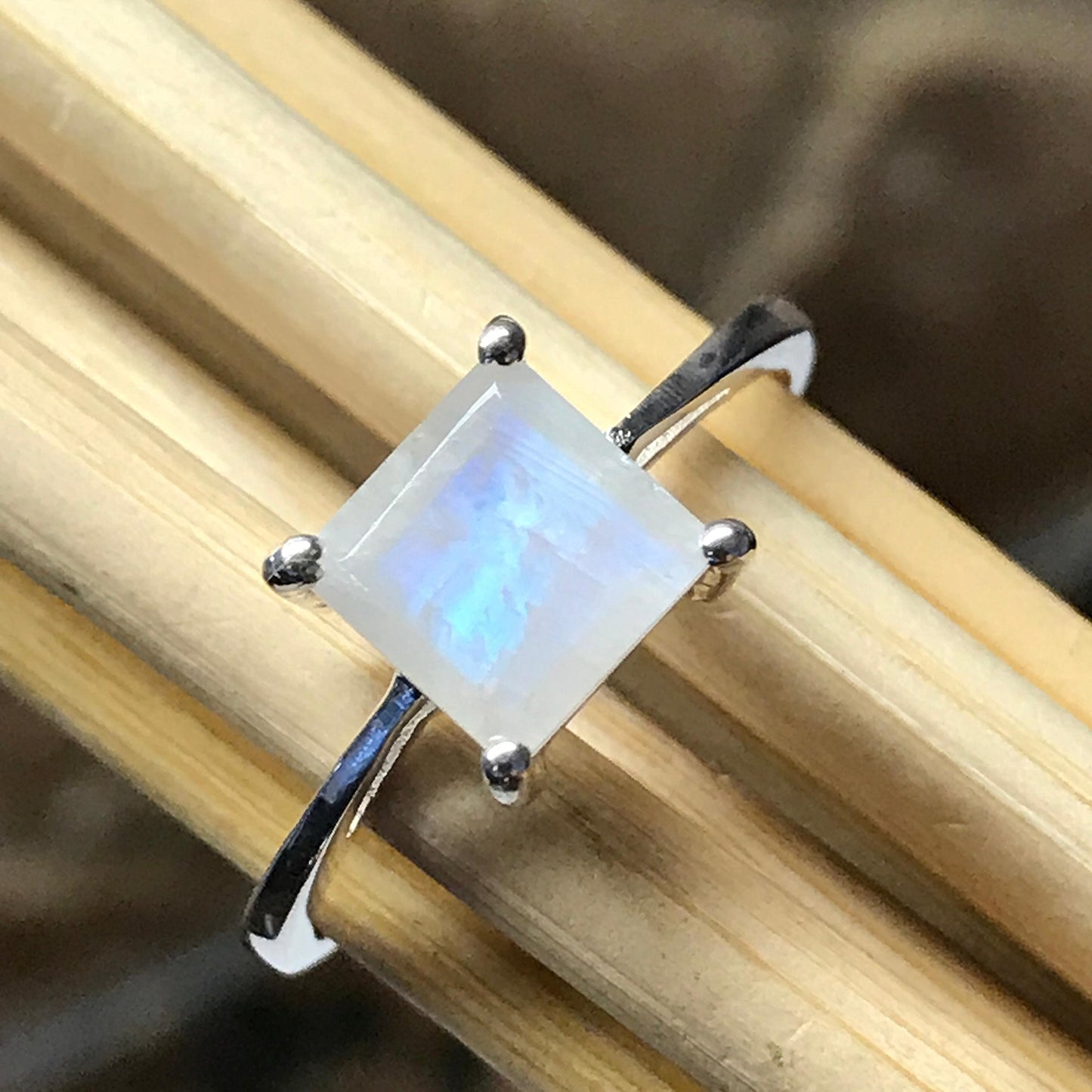 Genuine Rainbow Moonstone 925 Solid Sterling Silver Engagement Ring Size 6, 7, 8, 9 - Natural Rocks by Kala