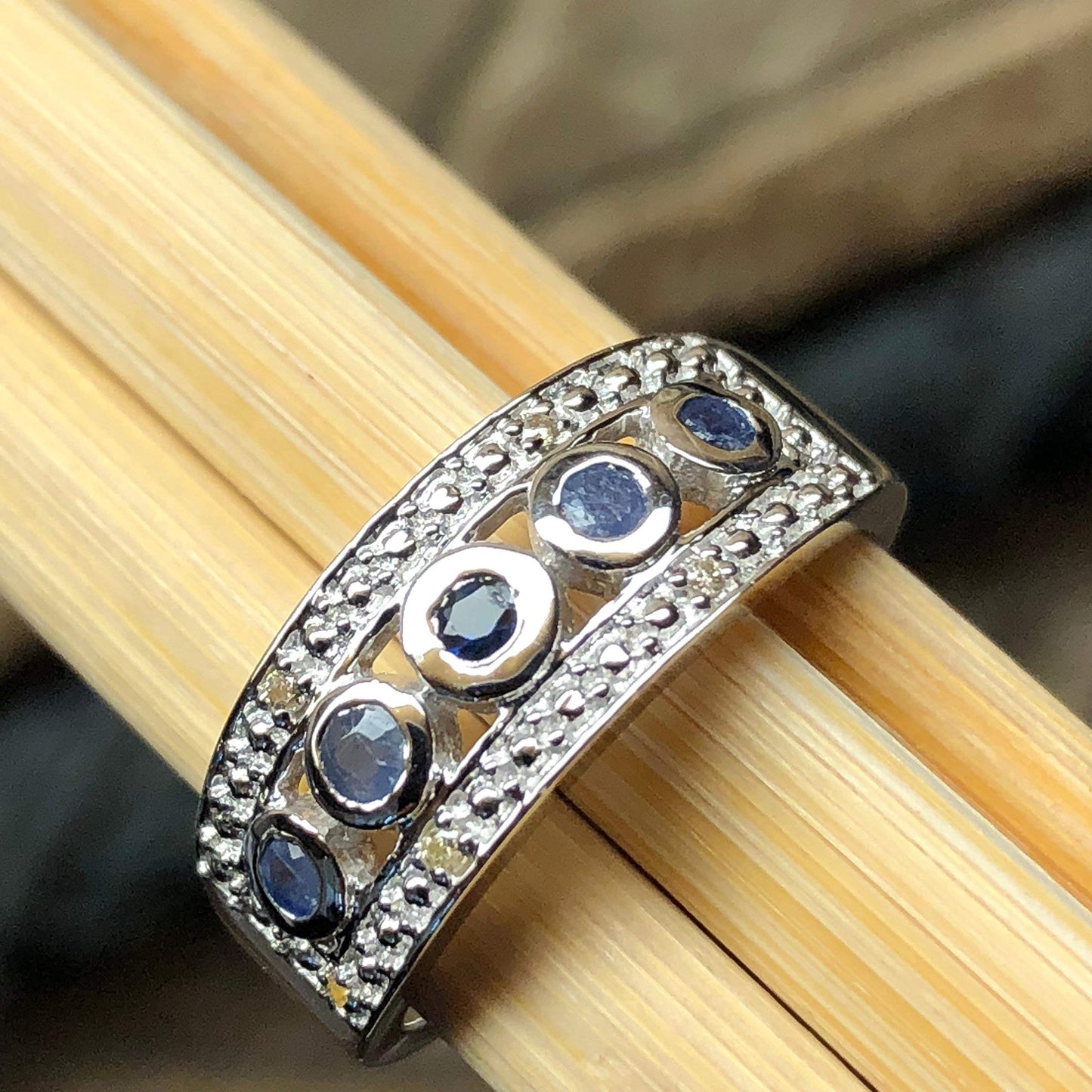 Natural Blue Sapphire, White Diamond 925 Solid Sterling Silver Unisex Ring Size 6, 7, 8, 9 - Natural Rocks by Kala