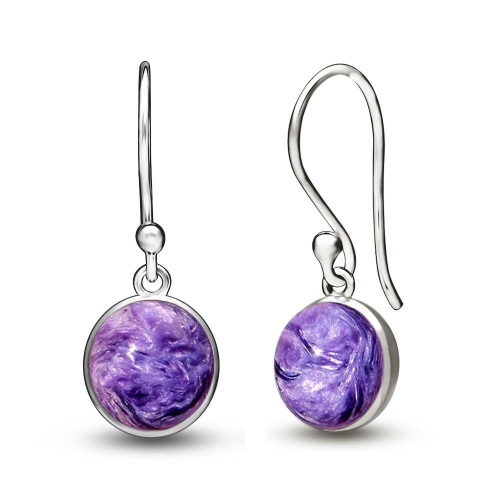 Natural Siberian Charoite 925 Solid Sterling Silver Earrings 30mm - Natural Rocks by Kala