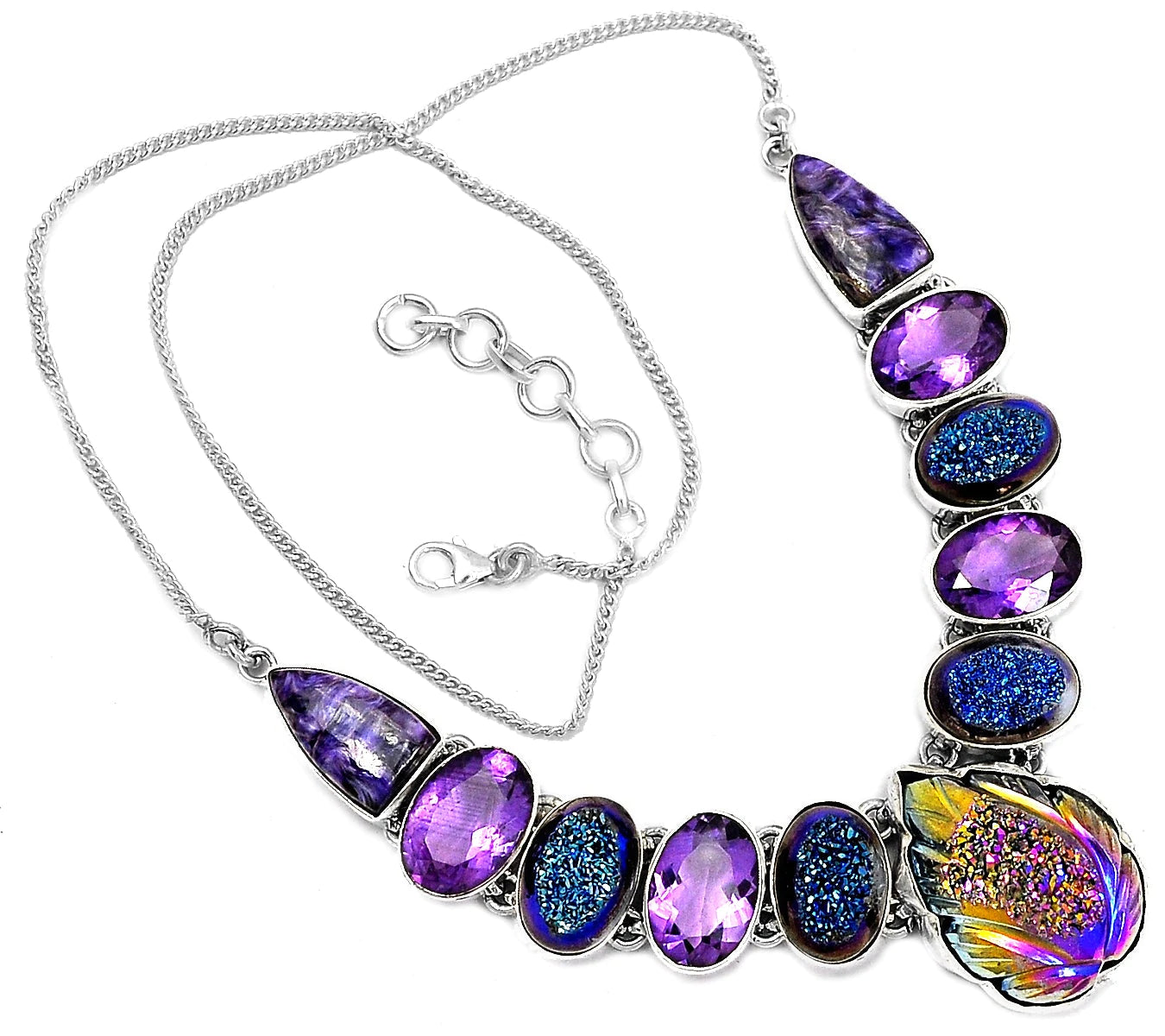 Natural 8ct Purple Amethyst Siberian Charoite Rainbow Titanium Druzy 925 Solid Sterling Silver Necklace 16" - Natural Rocks by Kala