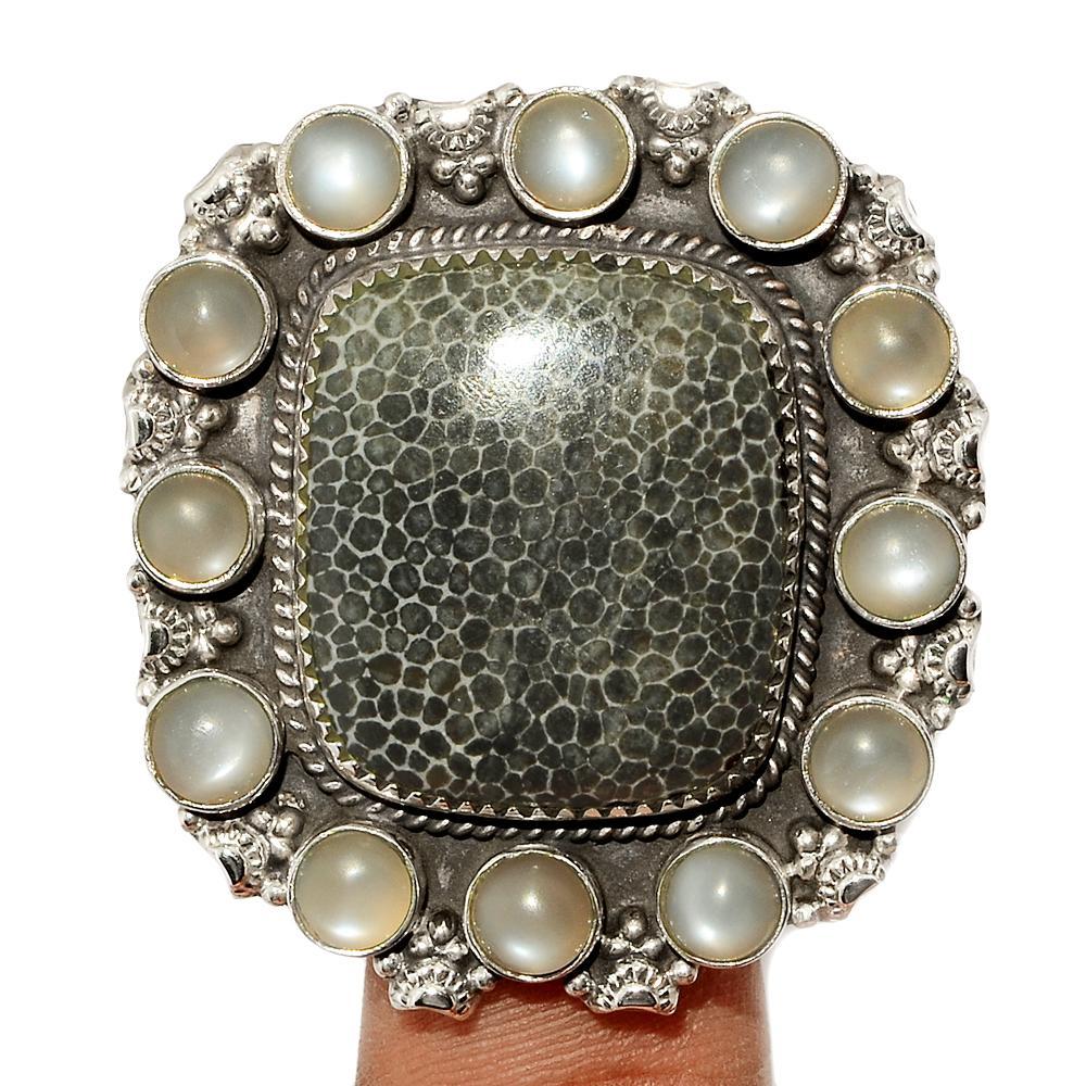 Natural Black Coral fossil, Agatized Coral 925 Solid Sterling Silver Ring Size 8 - Natural Rocks by Kala