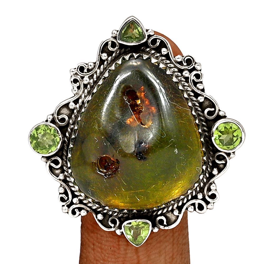 Natural Baltic Amber, Peridot 925 Solid Sterling Silver Ring Size 9 - Natural Rocks by Kala