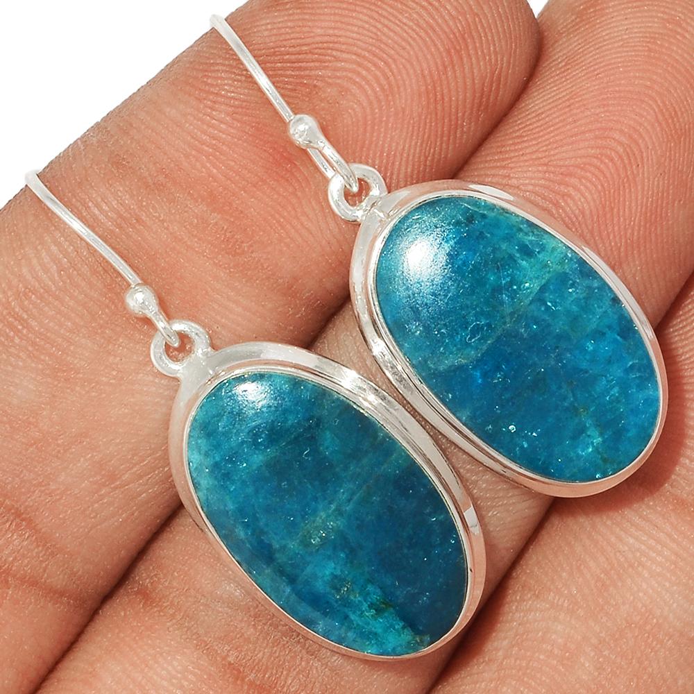 Genuine Neon Blue Apatite 925 Solid Sterling Silver Earrings 35mm - Natural Rocks by Kala