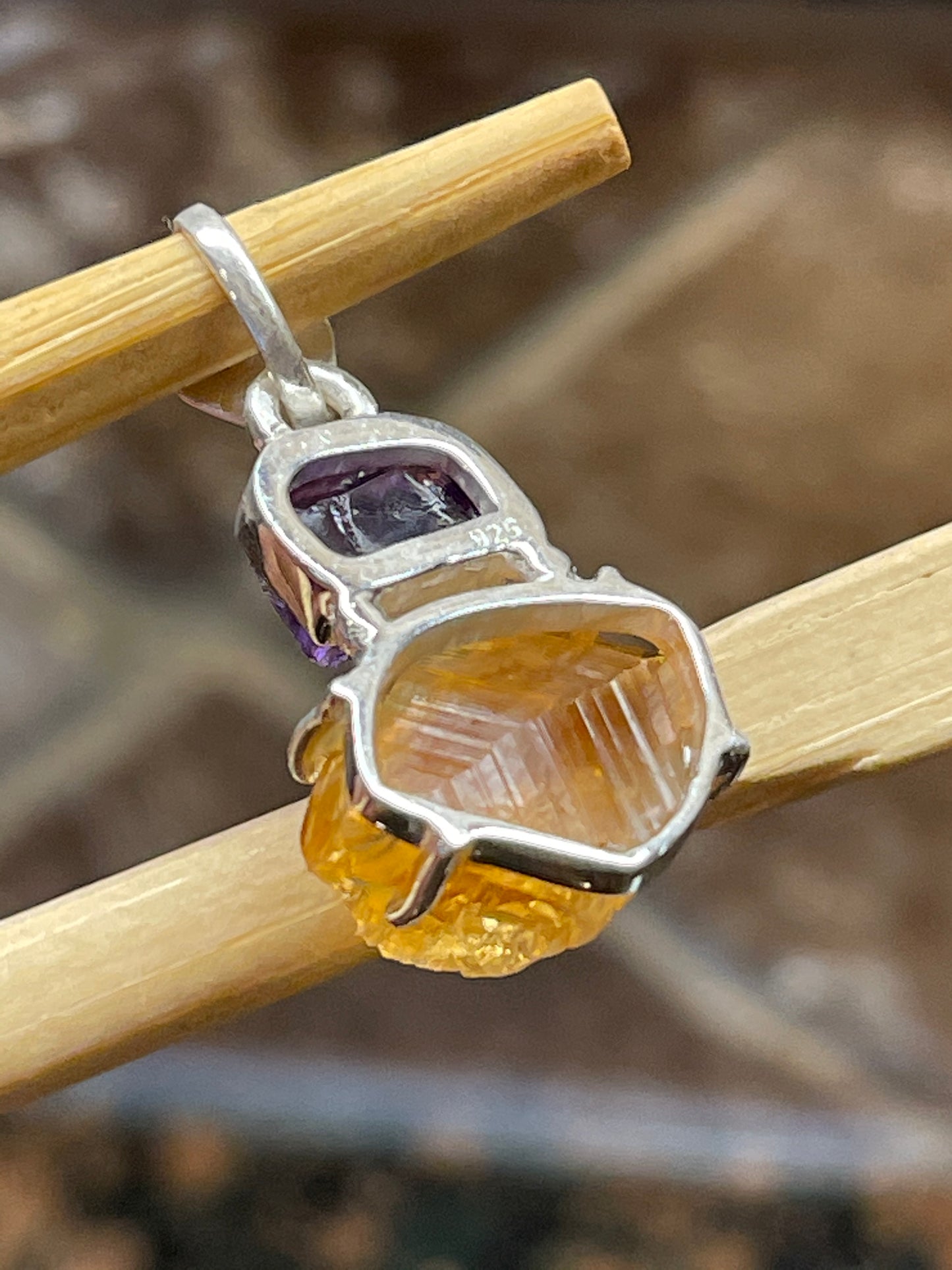Natural Golden Citrine, Amethyst 925 Solid Sterling Silver Pendant 30mm - Natural Rocks by Kala