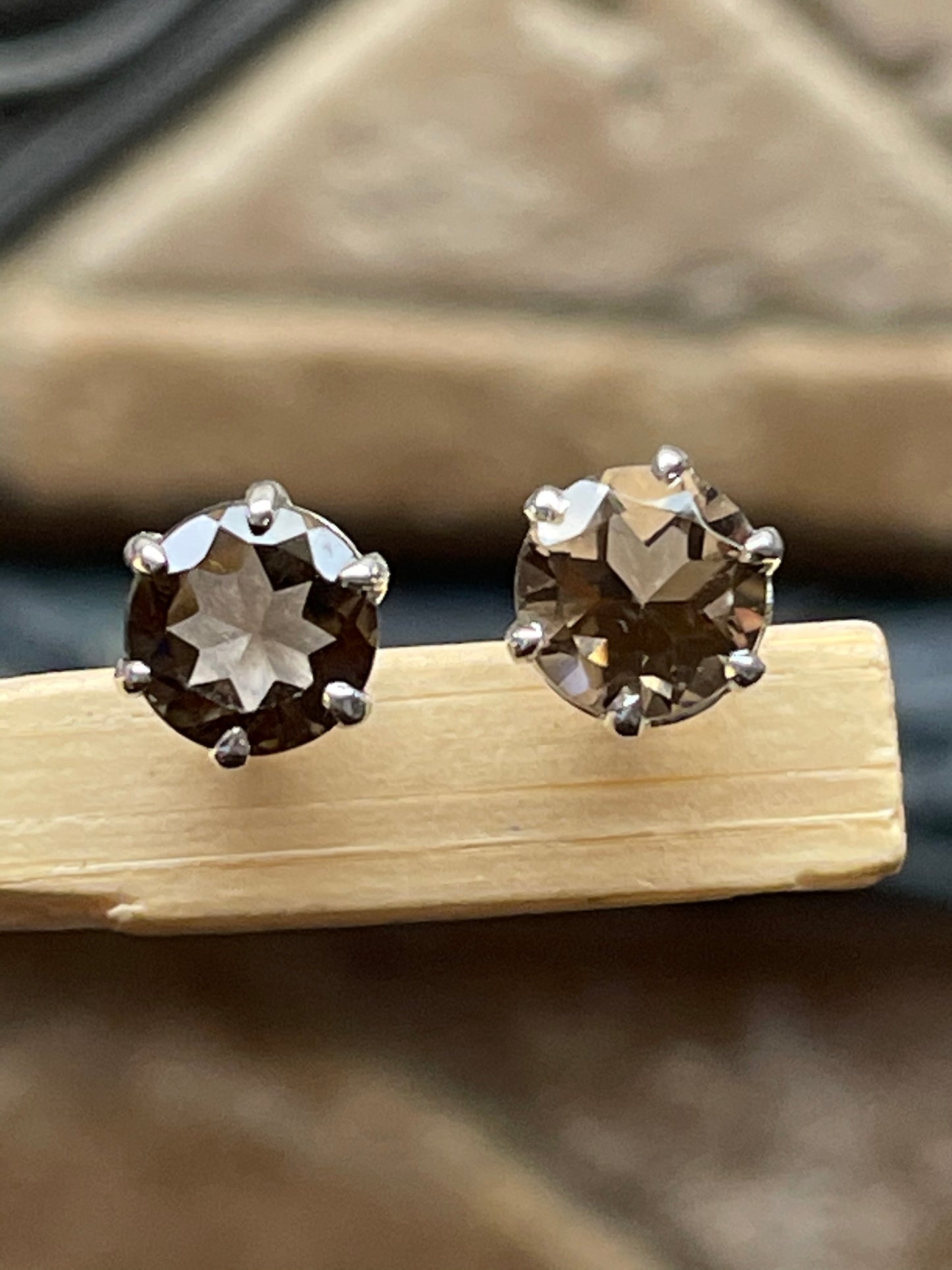 Genuine 1ct Smoky Topaz 925 Solid Sterling Silver Earrings 7mm - Natural Rocks by Kala