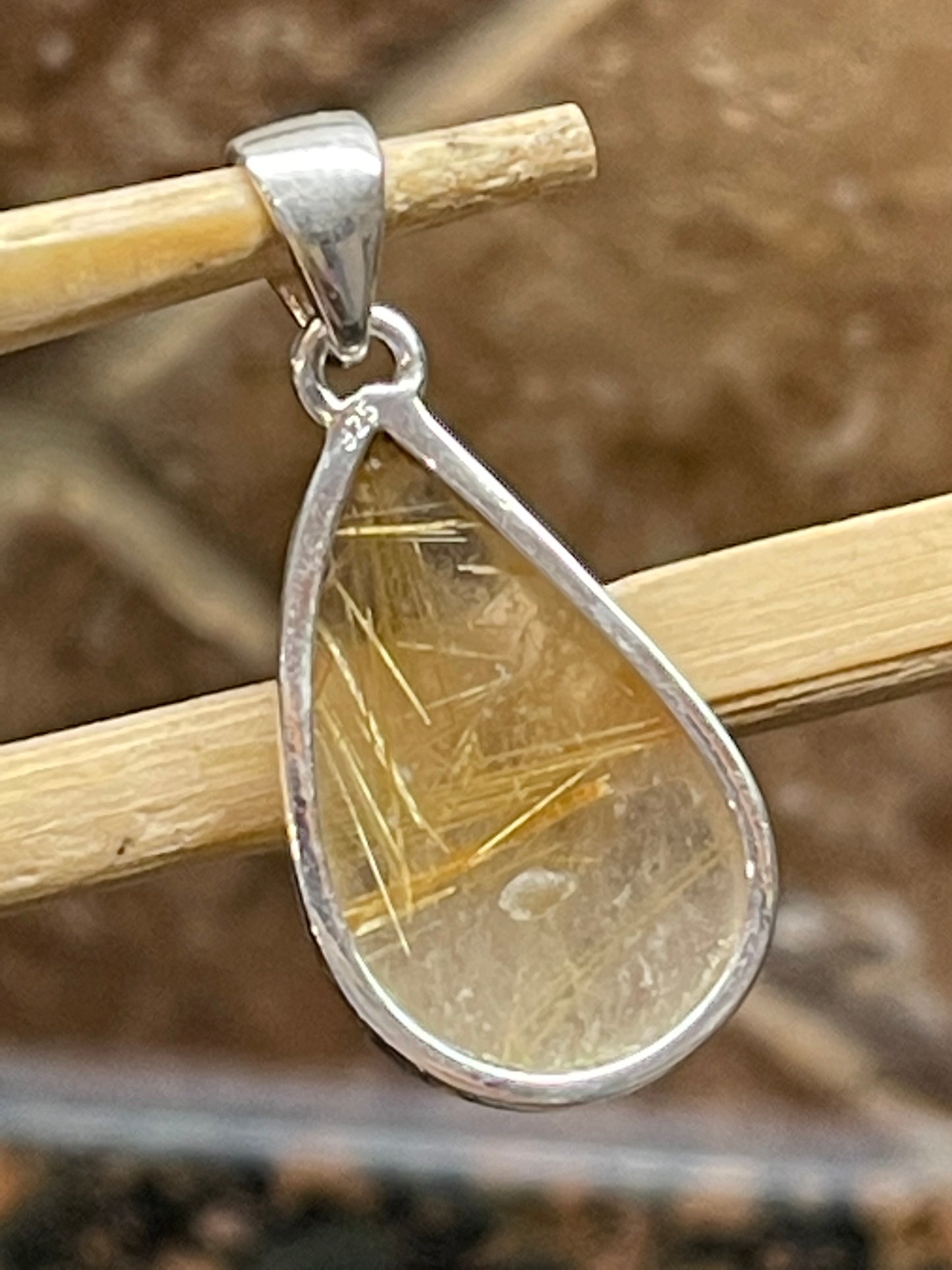 Genuine Golden Rutilated Quartz 925 Solid Sterling Silver Pendant 50mm - Natural Rocks by Kala