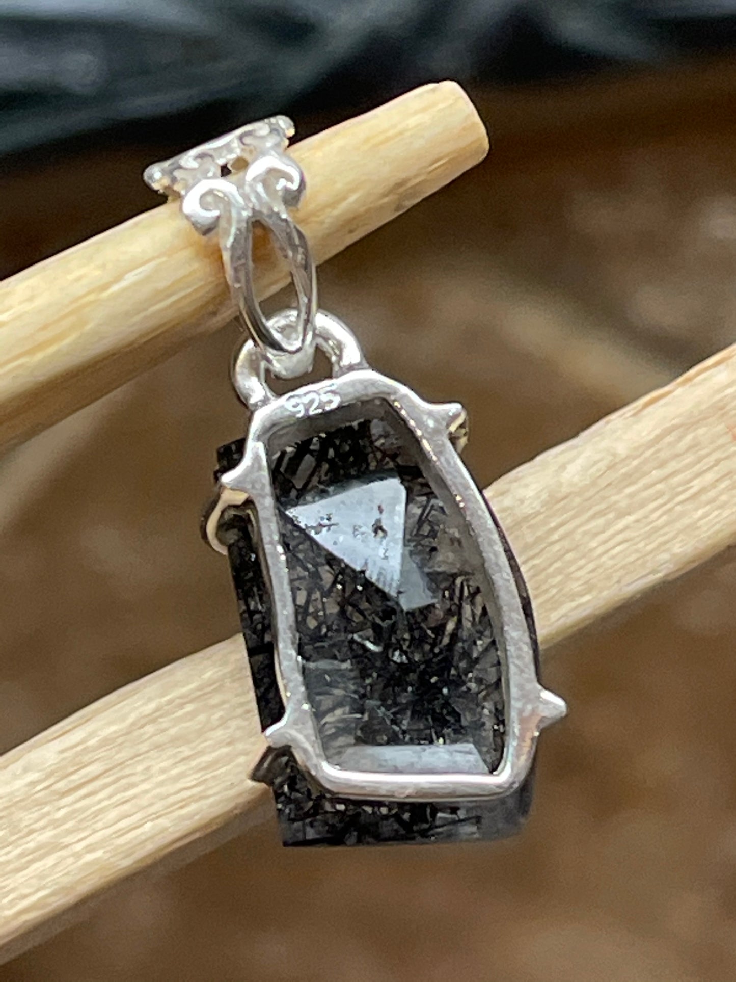 Genuine Black Rutile 925 Solid Sterling Silver Pendant 24mm - Natural Rocks by Kala