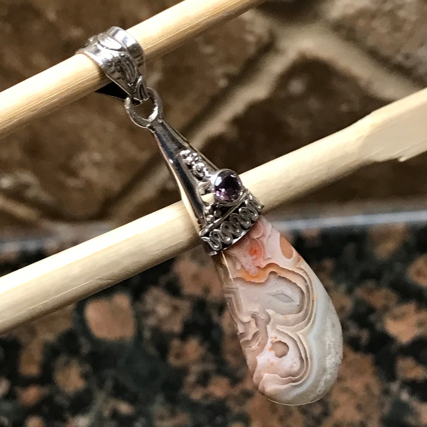 Natural Amethyst, Laguna Lace agate 925 Solid Sterling Silver Pendant 50mm - Natural Rocks by Kala