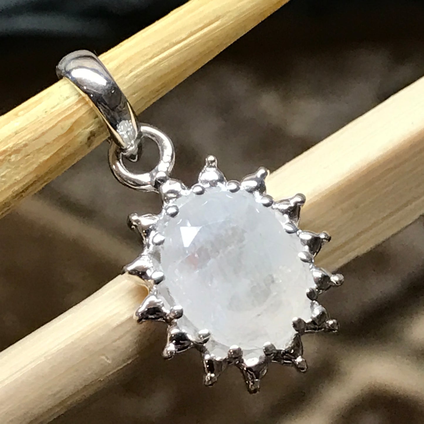 Natural Rainbow Moonstone 925 Solid Sterling Silver Pendant 20mm - Natural Rocks by Kala