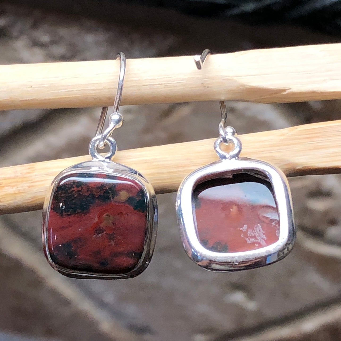 Natural Bloodstone, Heliotrope 925 Solid Sterling Silver Earrings 25mm - Natural Rocks by Kala