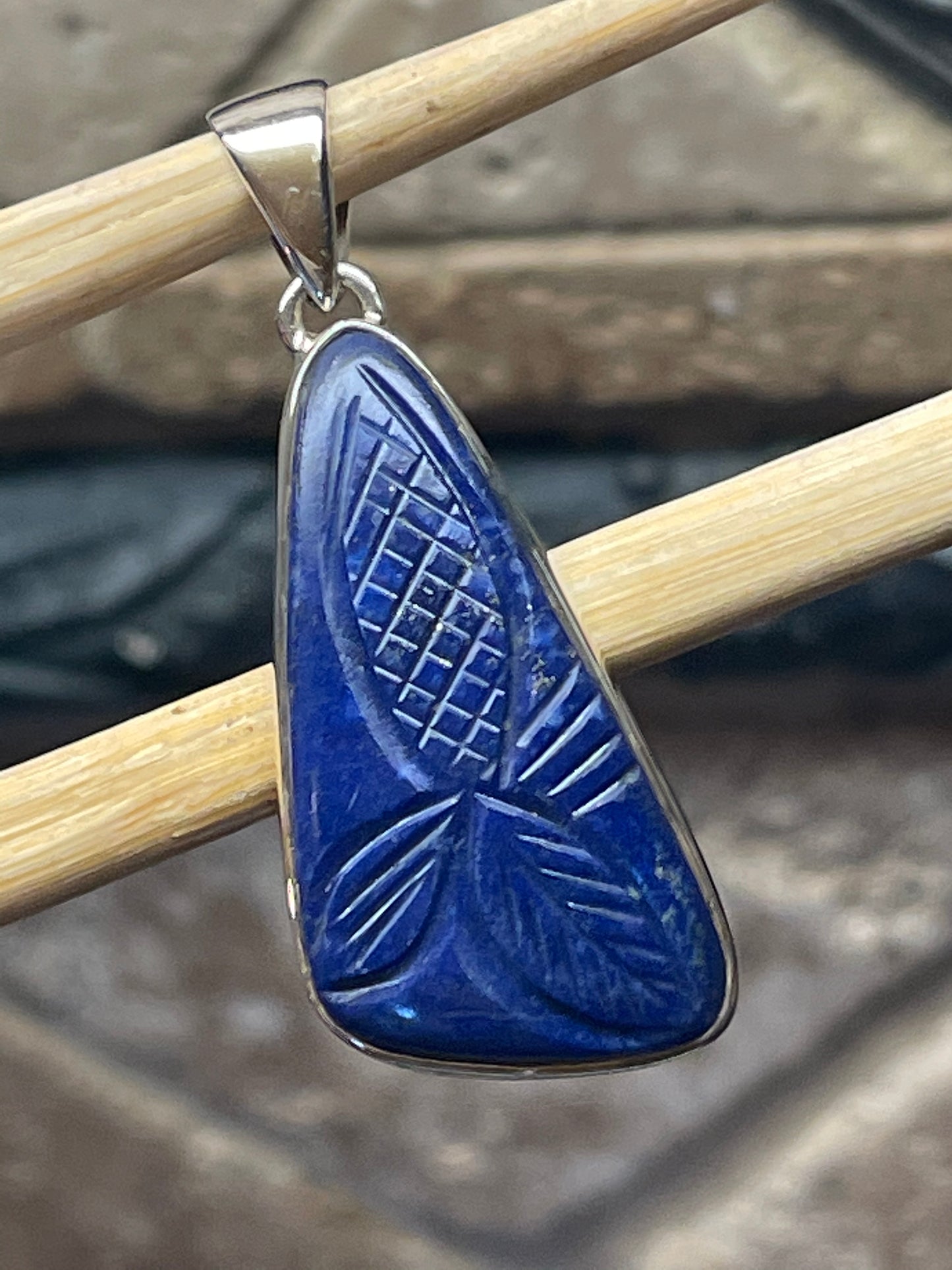 Natural Blue Lapis Lazuli 925 Solid Sterling Silver Handcarved Pendant 45mm - Natural Rocks by Kala