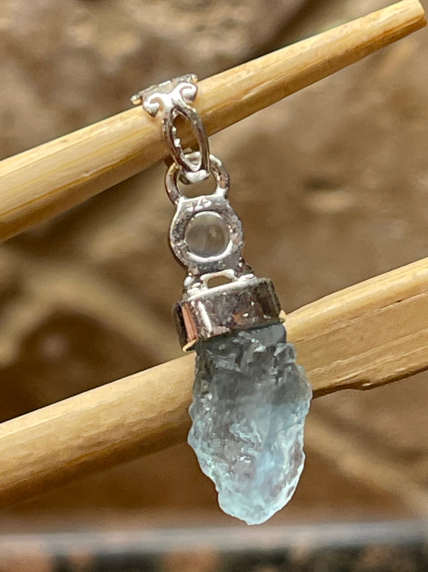 Natural Aquamarine, Moonstone 925 Solid Sterling Silver Pendant 35mm - Natural Rocks by Kala